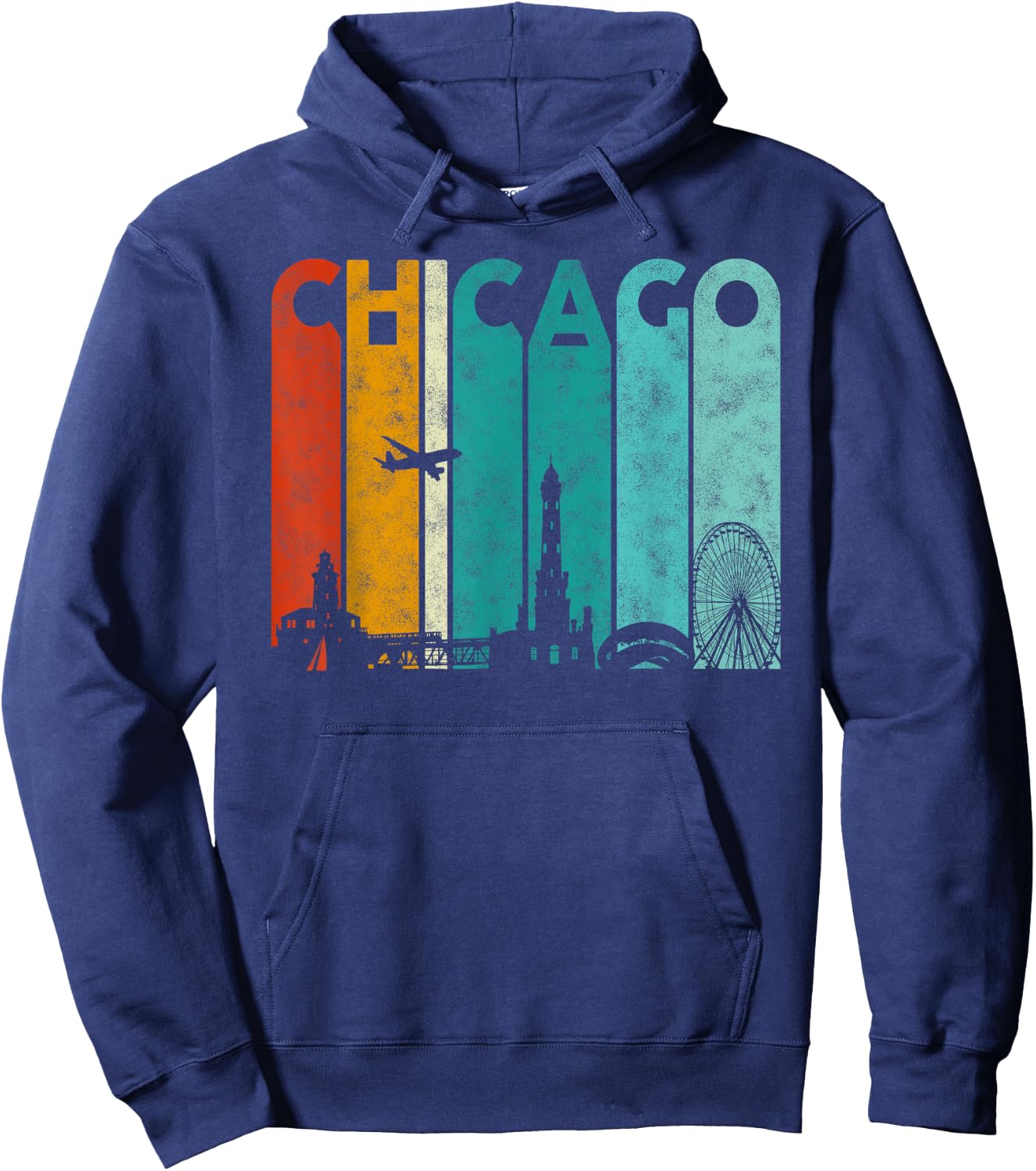Vintage Retro Style Chicago city Skyline Airplane Chicago Hoodie - Hoodie | Navy