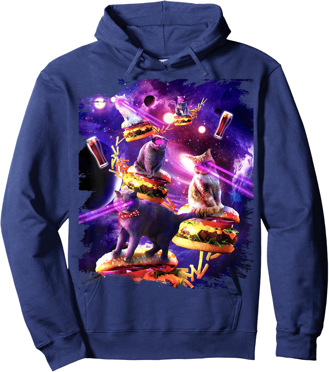 Galaxy Laser Cat On Burger - Space Cheeseburger Cats Hoodie - Hoodie | Navy