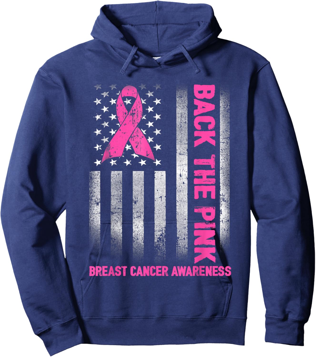 Back The Pink Ribbon American Flag Breast Cancer Awareness Hoodie - Hoodie | Navy