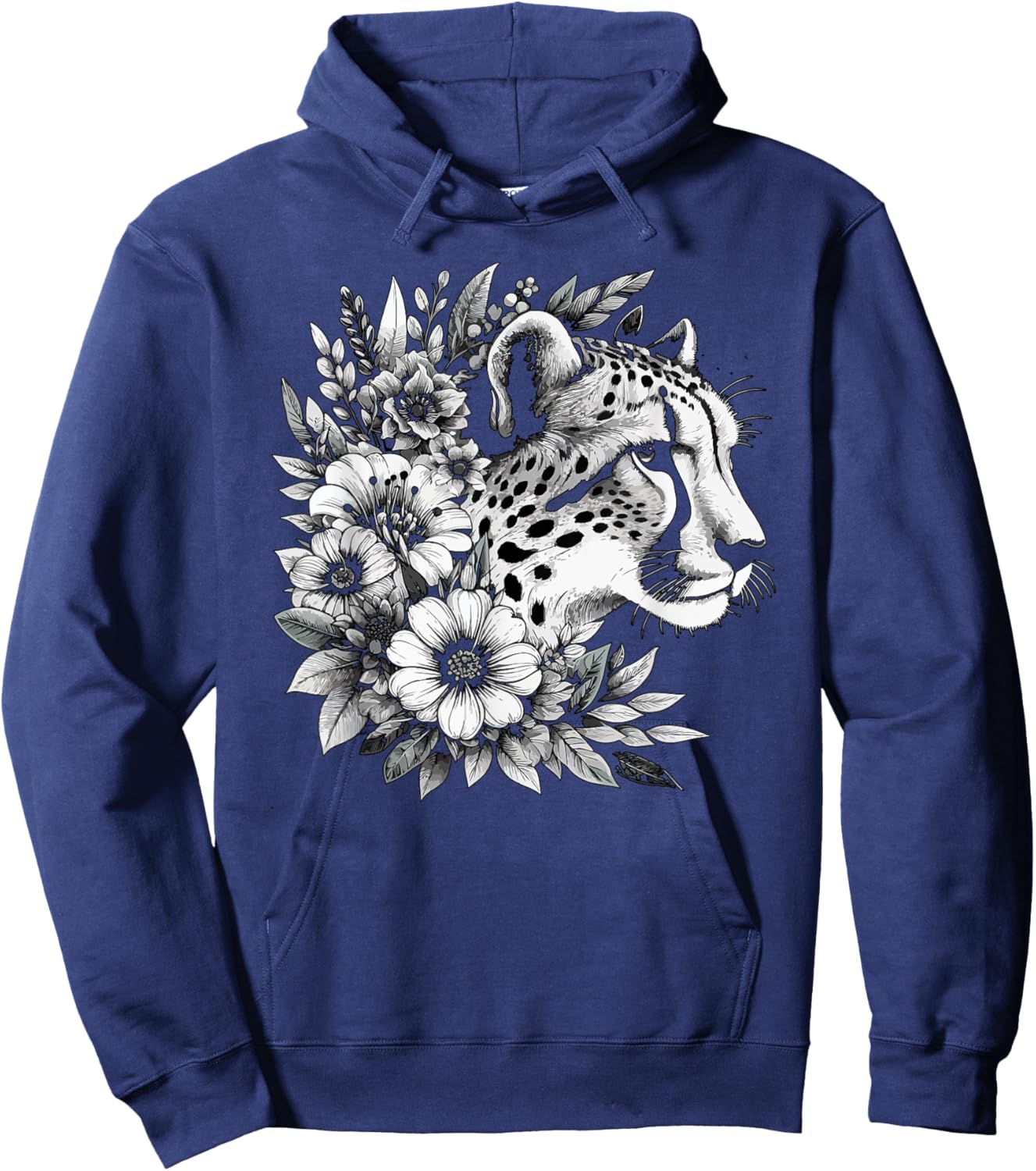 Cheetah Face Animal Print Big Cat Wildlife Flowers Design Women Kids Hoodie - Hoodie | Navy