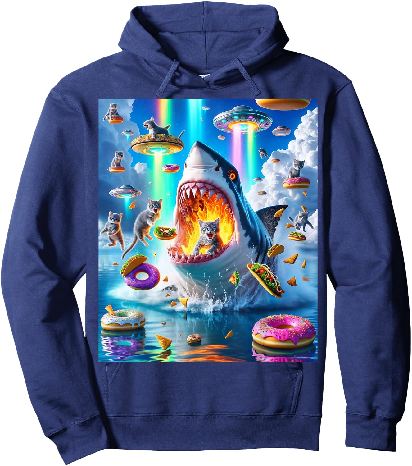 Cat Kitty Riding Fire Breathing Shark Rainbow Laser Taco Women Hoodie - Hoodie | Navy