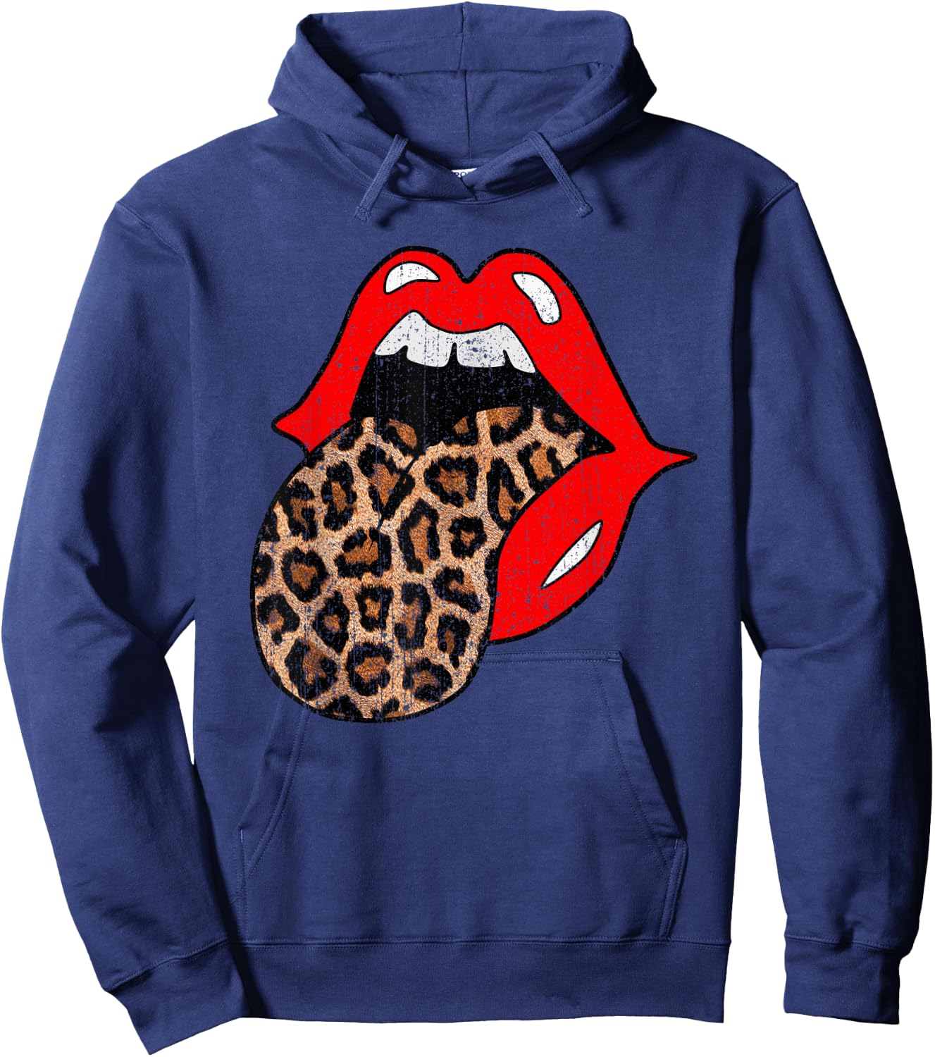 Red Lips Leopard Tongue Shirt Vintage Trendy Animal Print Hoodie - Hoodie | Navy