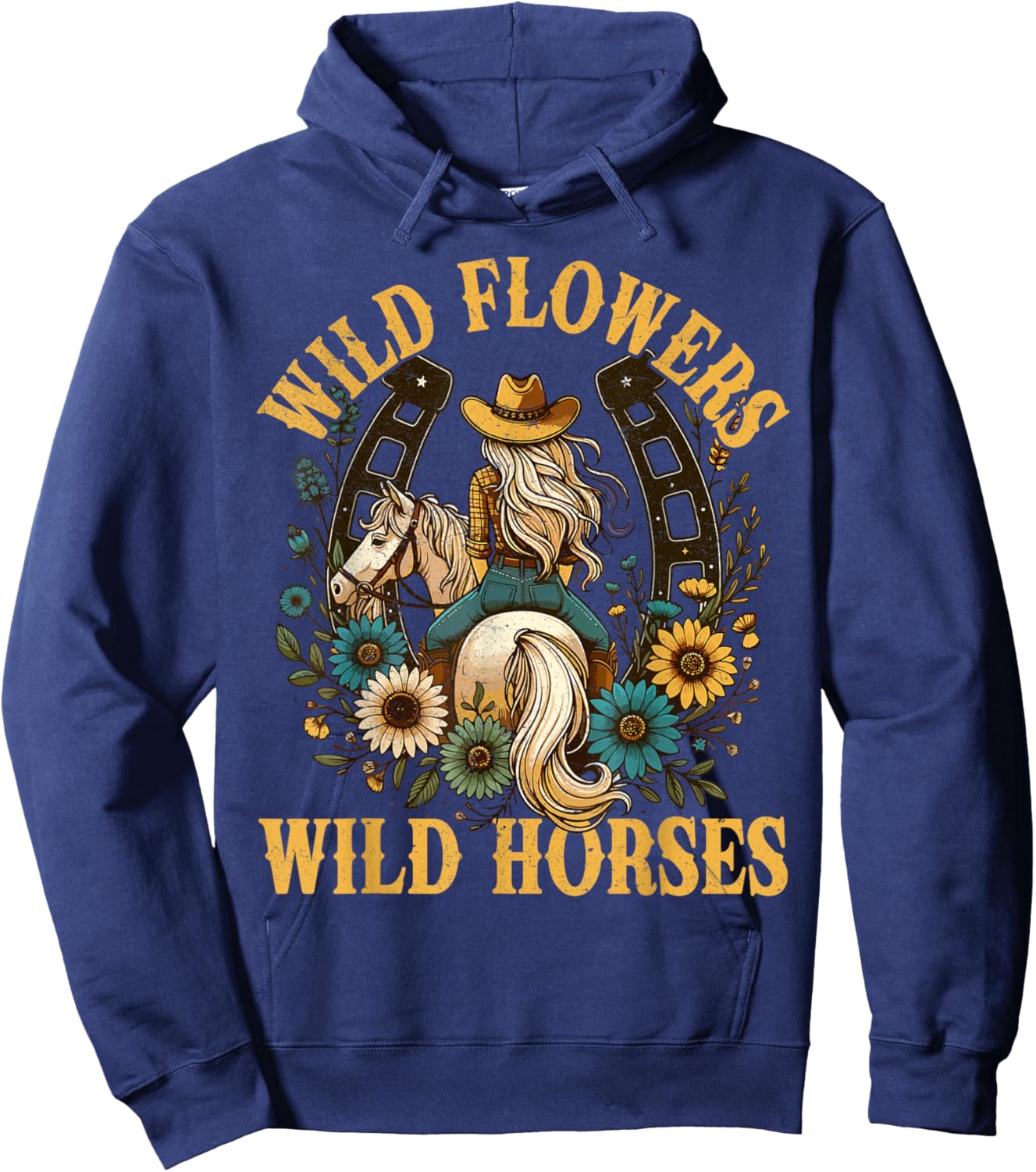 Retro Southern Sunset Cowgirl Wild Flowers - Wild Horses Hoodie - Hoodie | Navy