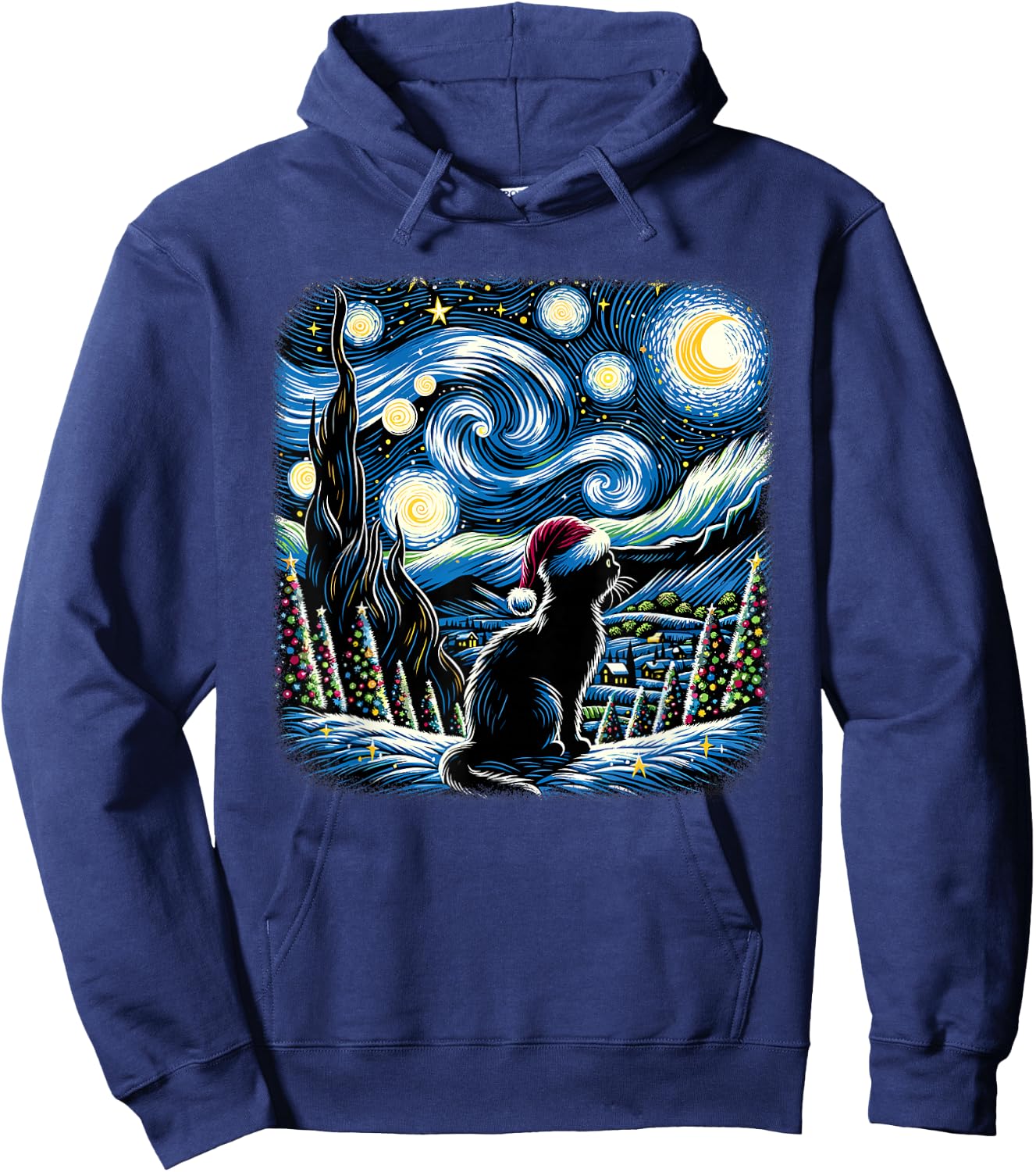 Van Gogh Starry Night Festive Christmas Black Cat Santa Hat Hoodie - Hoodie | Navy