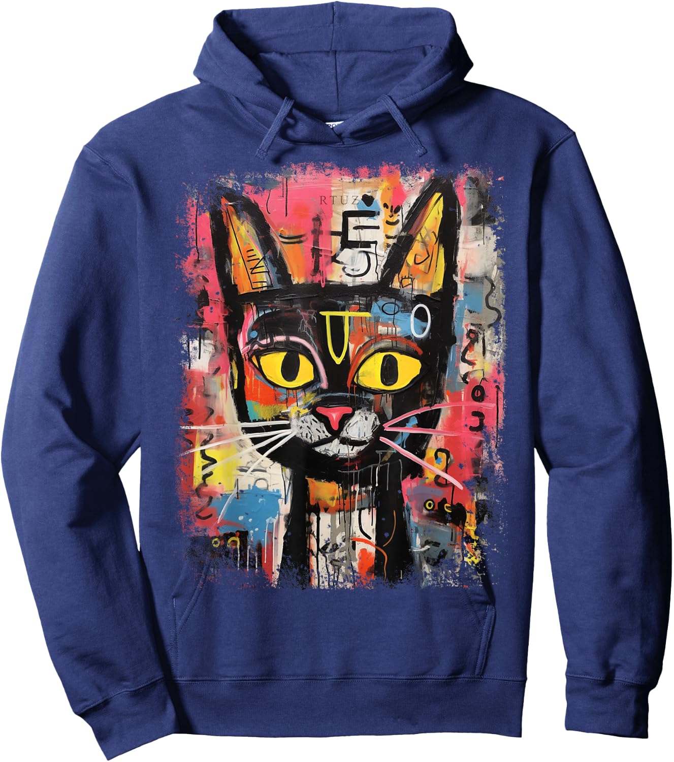 Y2K Streetwear Hip Hop Abstract Cat Pop Art Graffiti Cat Hoodie - Hoodie | Navy