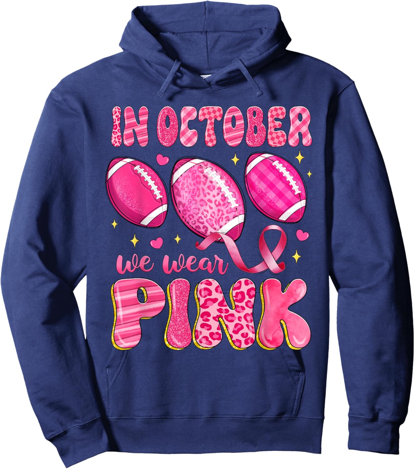 In October We Wear Pink Football Leopard Breast Cancer Hoodie - Hoodie | Navy