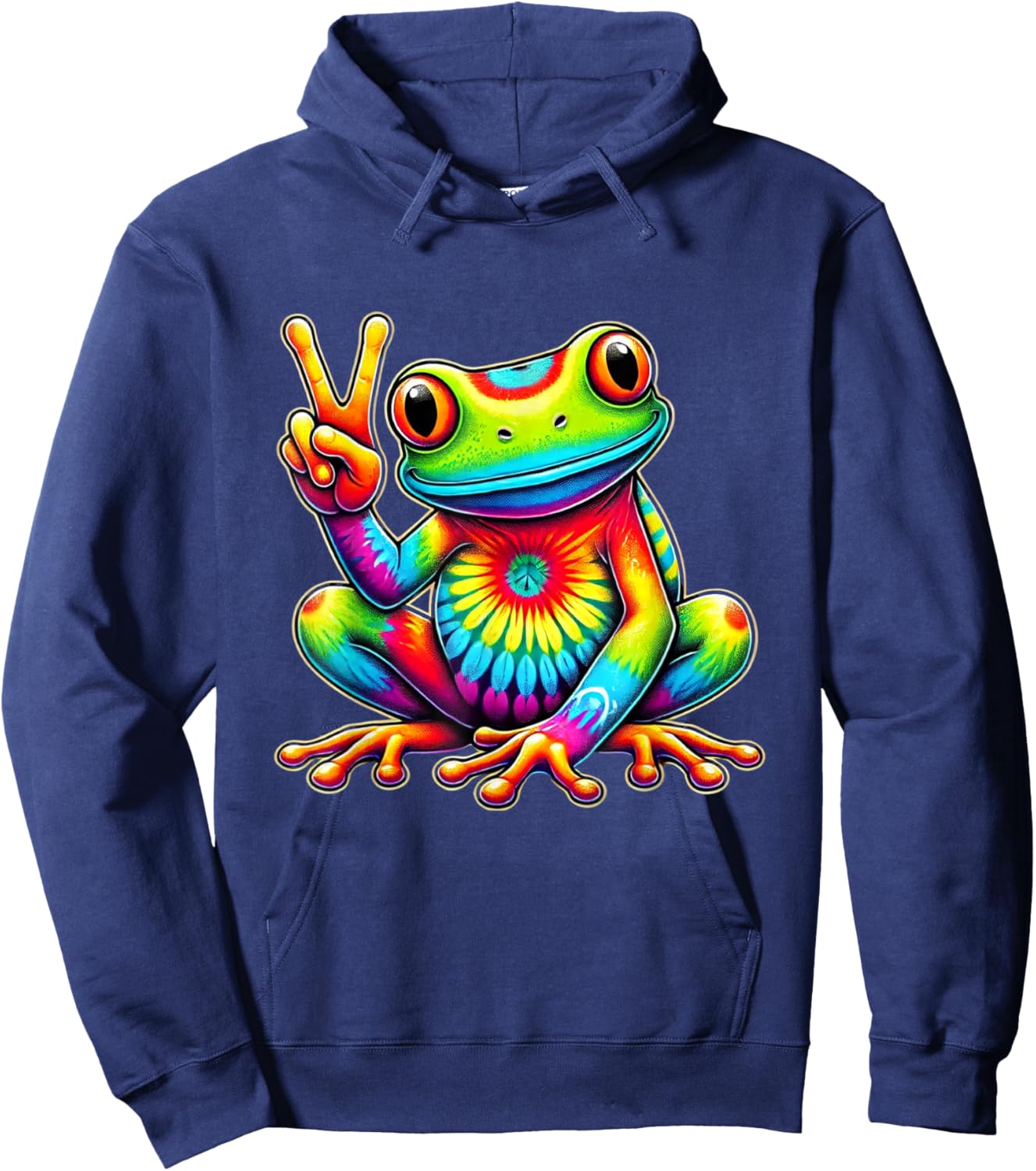 Tie-Dye Frog Holding Peace Sign Funny Hippie Hoodie - Hoodie | Navy