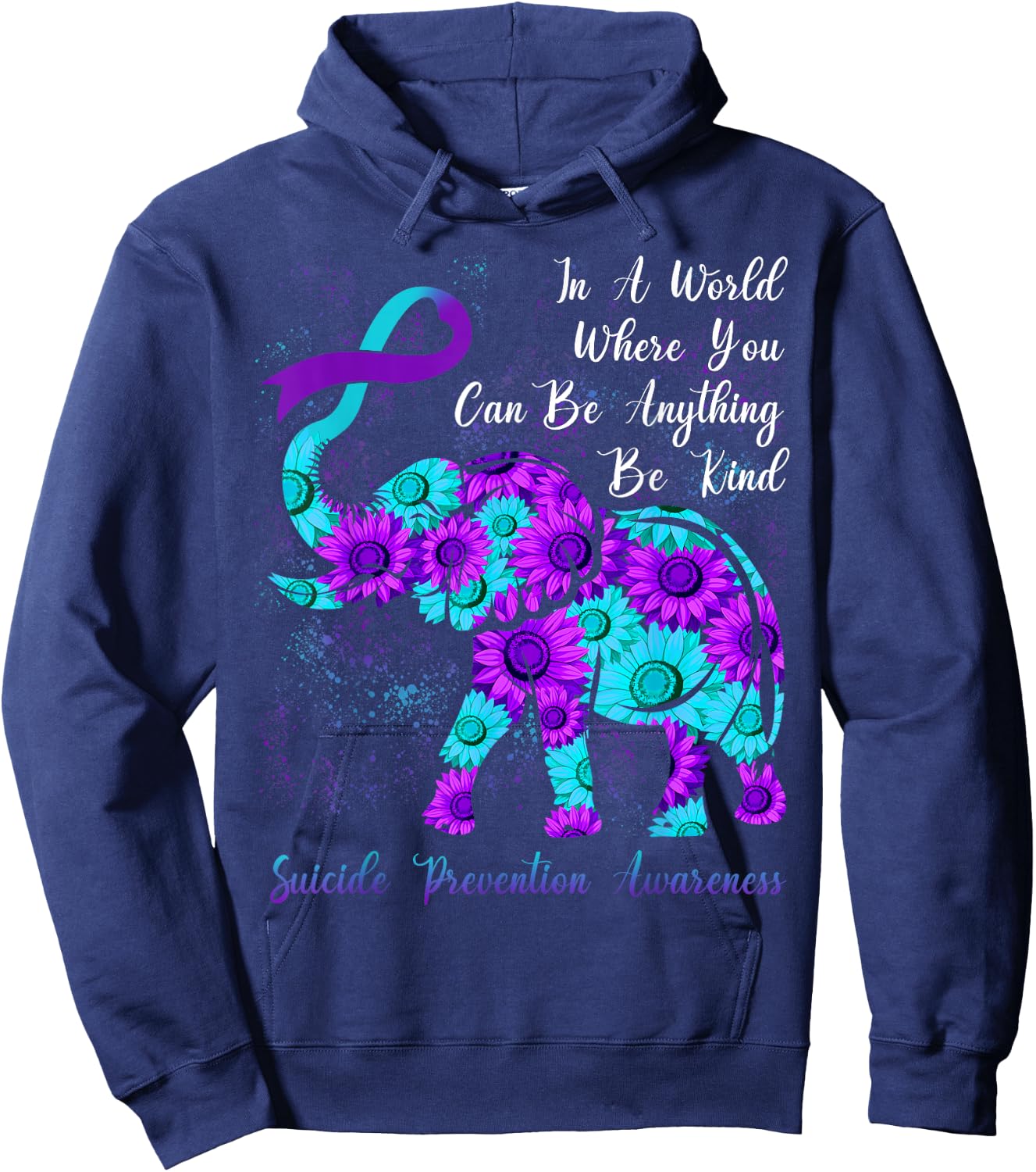 Suicide Prevention Awareness Teal Purple Sunflower Elephant Hoodie - Hoodie | Navy
