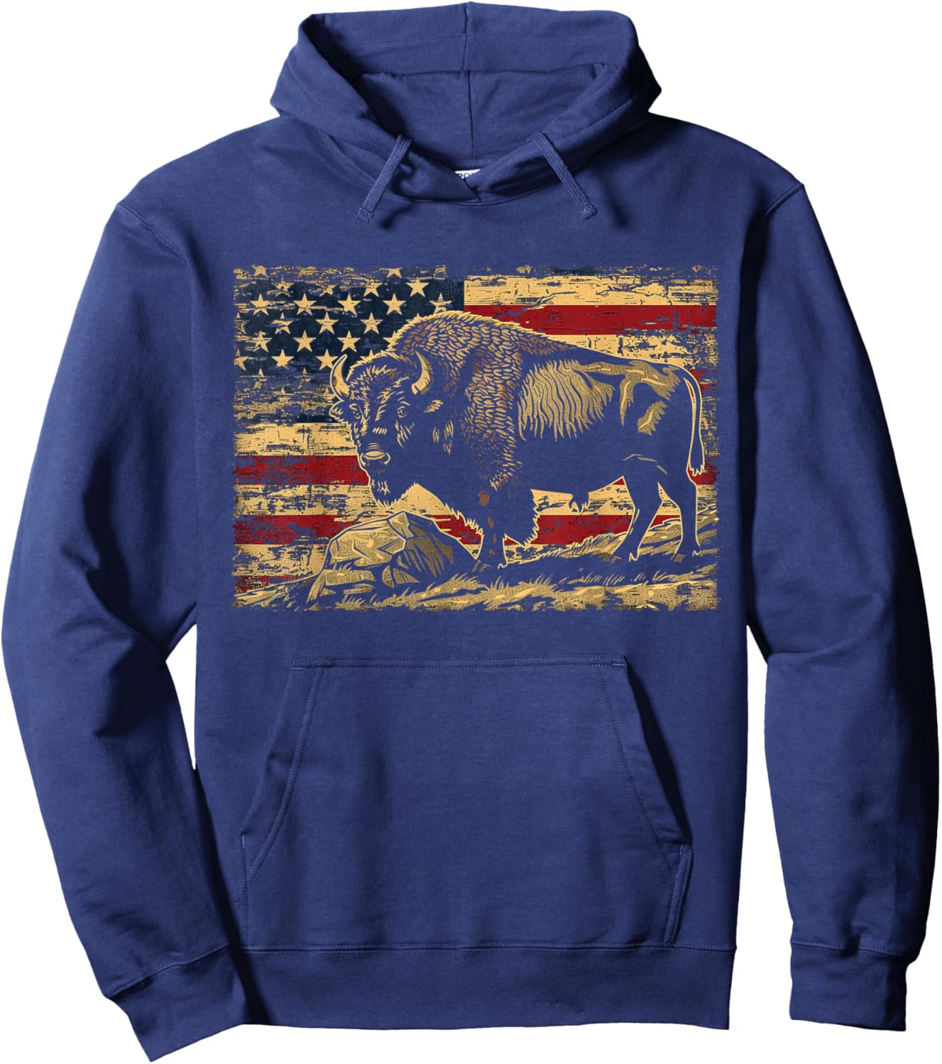 Retro American Flag Cute Animal Bison Lovers Awesome Outfits Kids Men Hoodie - Hoodie | Navy