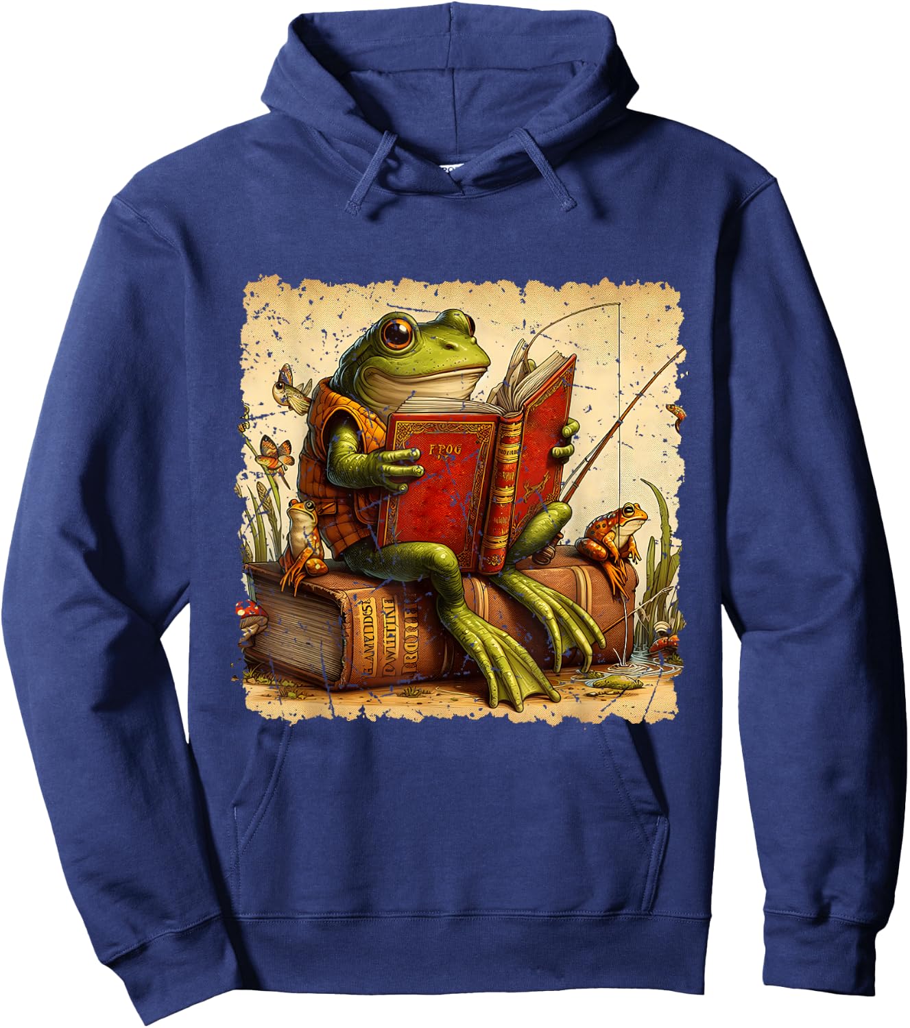 Frog & Toad Fishing Vintage Classic Book Frog Reading Book Hoodie - Hoodie | Navy