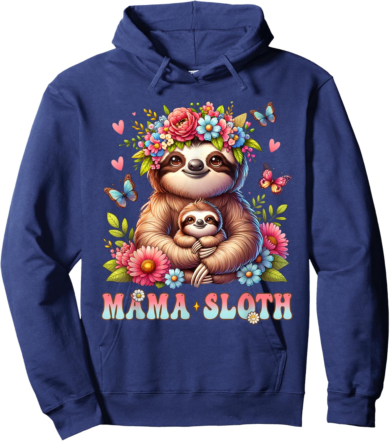 Mama Sloth Mother's Day Matching Floral Mommy Mom Hoodie - Hoodie | Navy