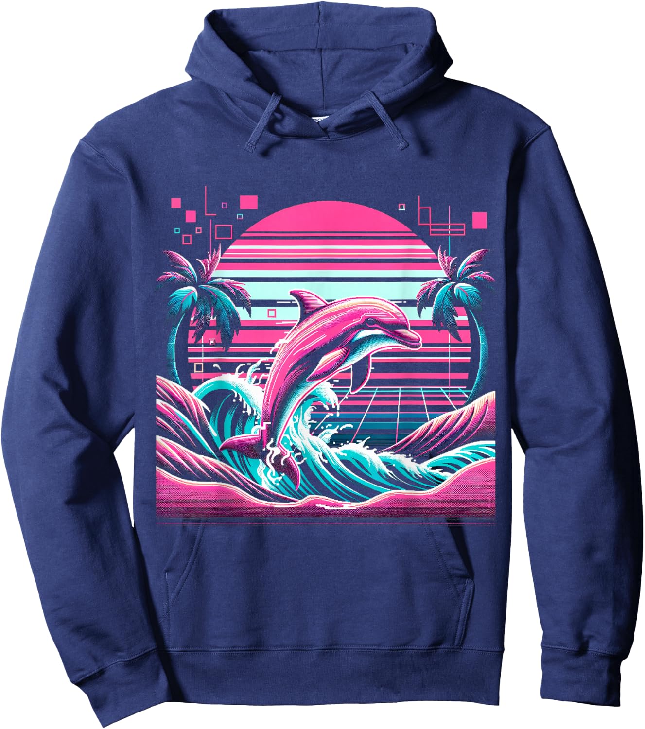 Retro Dolphin Palm Sunset Vaporwave - 80s 90s Glitch Art Hoodie - Hoodie | Navy
