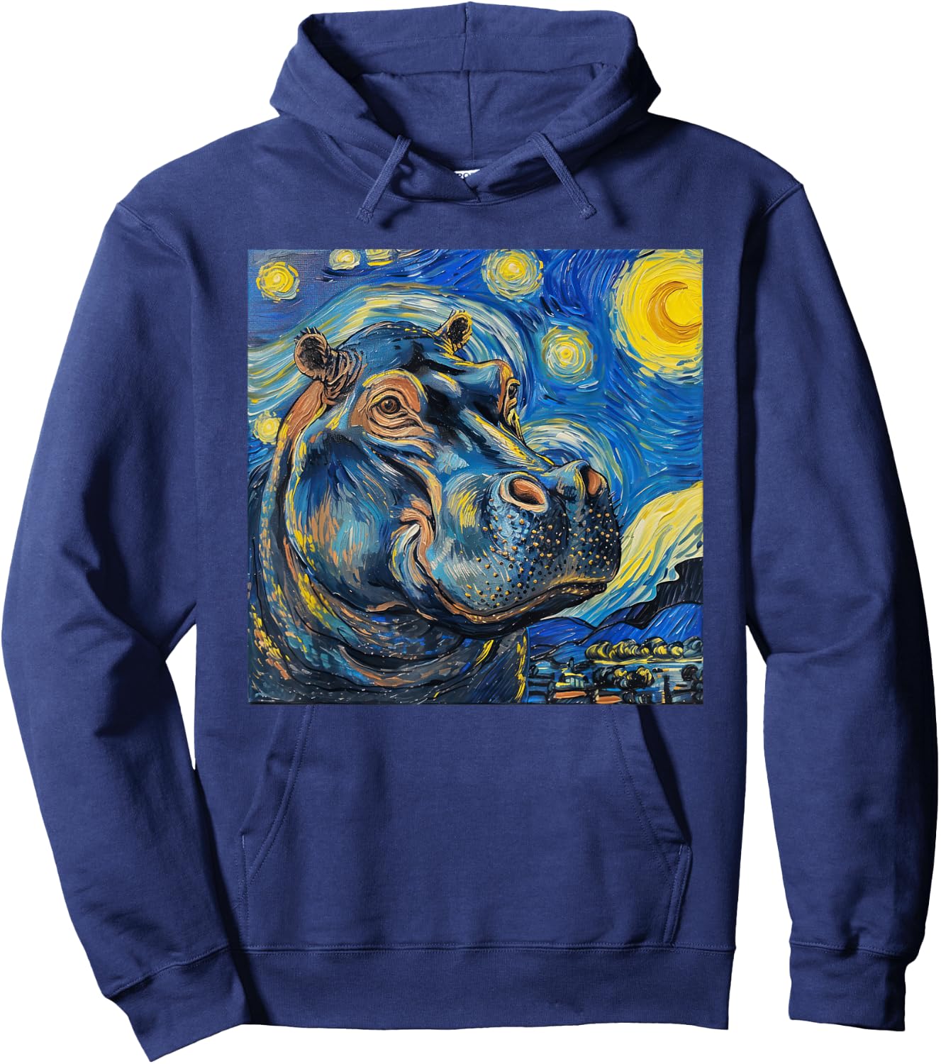 Hippopotamus Hippo Van Gogh Style Starry Night Hoodie - Hoodie | Navy