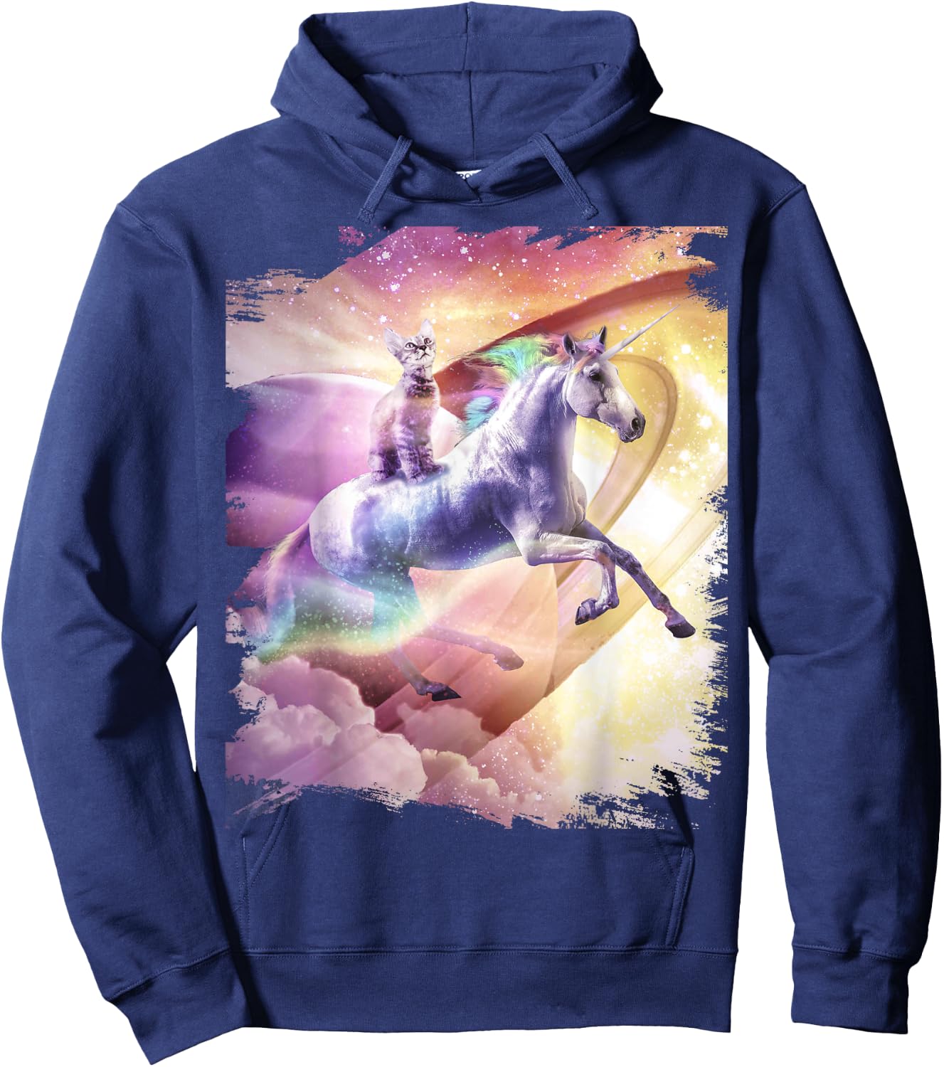 Rainbow Galaxy Cat Riding Unicorn in Space Women Girls Kids Hoodie - Hoodie | Navy