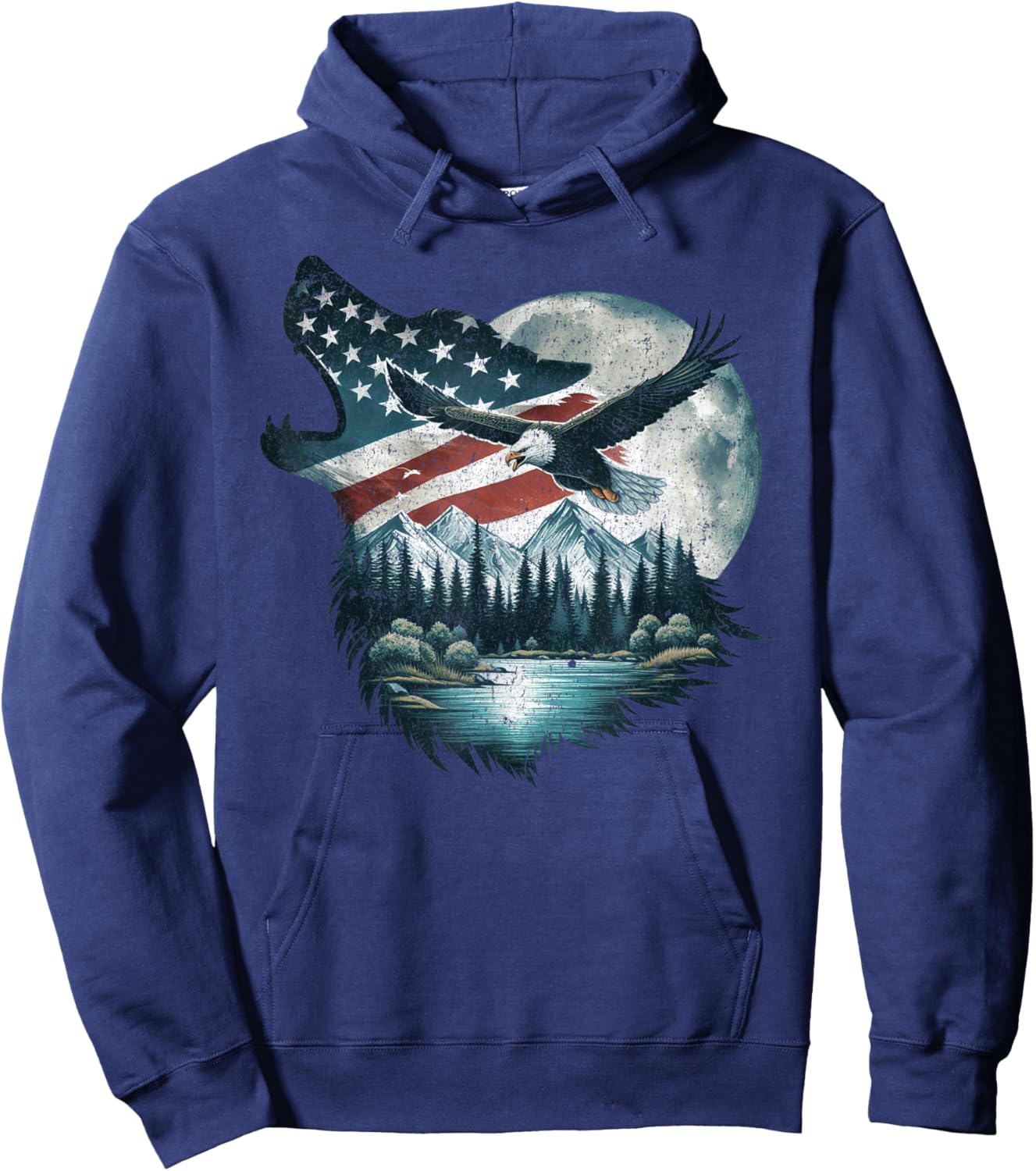 Bald Eagle Wolf US Flag 4th Of July Patriotic Man Woman Hoodie - Hoodie | Navy