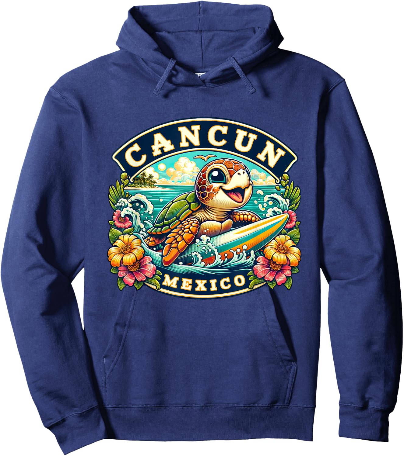 Cancun Mexico Cute Sea Turtle Surfing Hoodie - Hoodie | Navy
