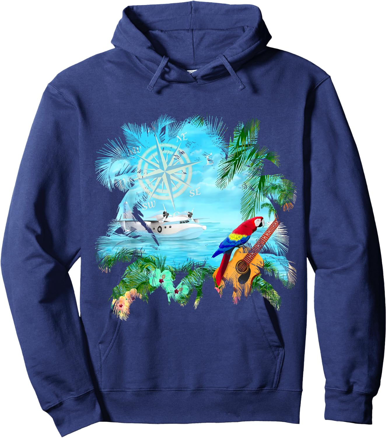 Beachside Dream Seaplane, Parrot, and Guitar Hoodie - Hoodie | Navy