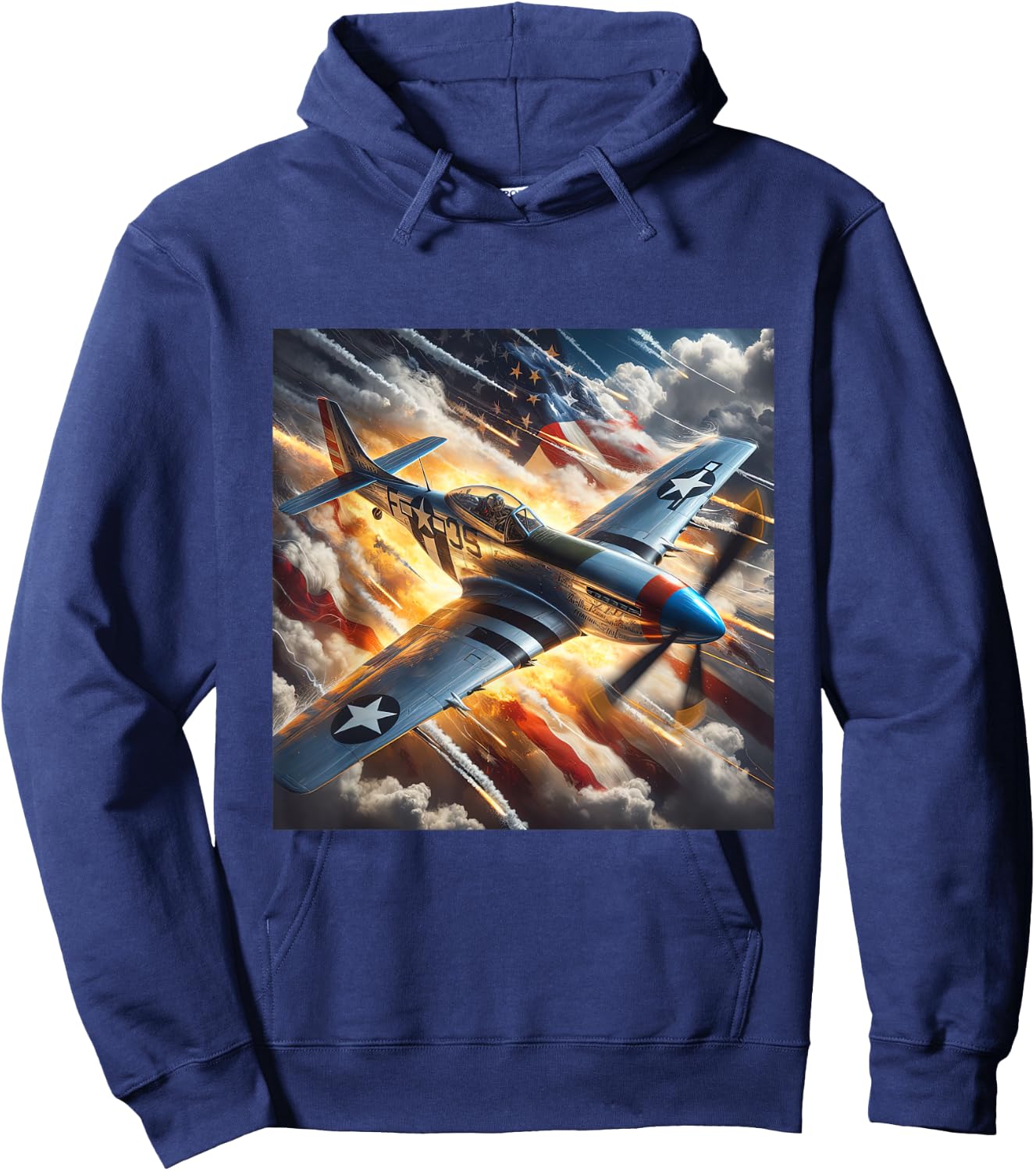 WWII Warbirds | P-51 Mustang in Dynamic Sky US Flag Hoodie - Hoodie | Navy
