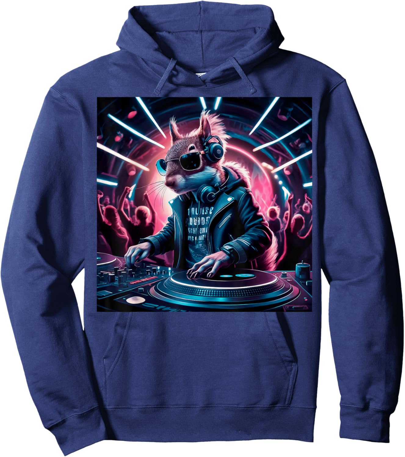 The Beat Never Stops Dj Squirrel In Leather Jacket Edm Art Hoodie - Hoodie | Navy