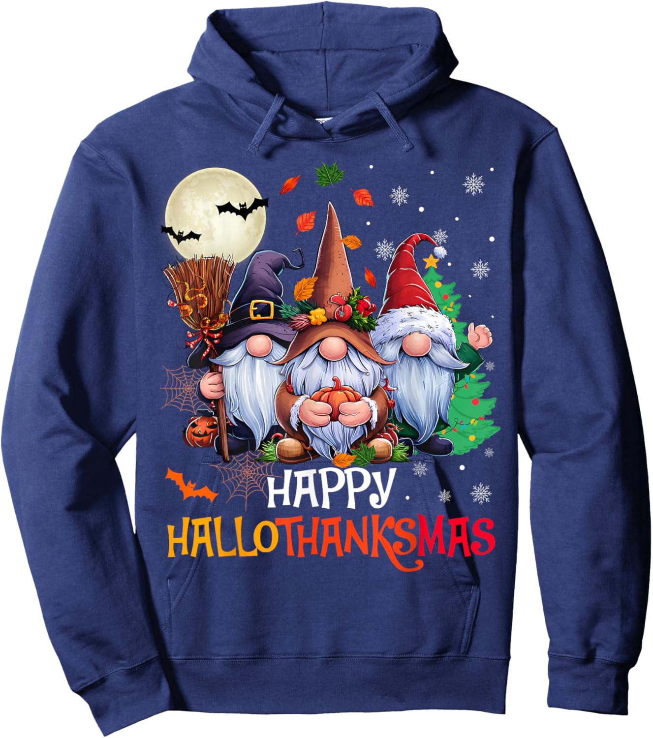 Happy Hallothanksmas Gnomes Lover Halloween Merry Christmas Hoodie - Hoodie | Navy