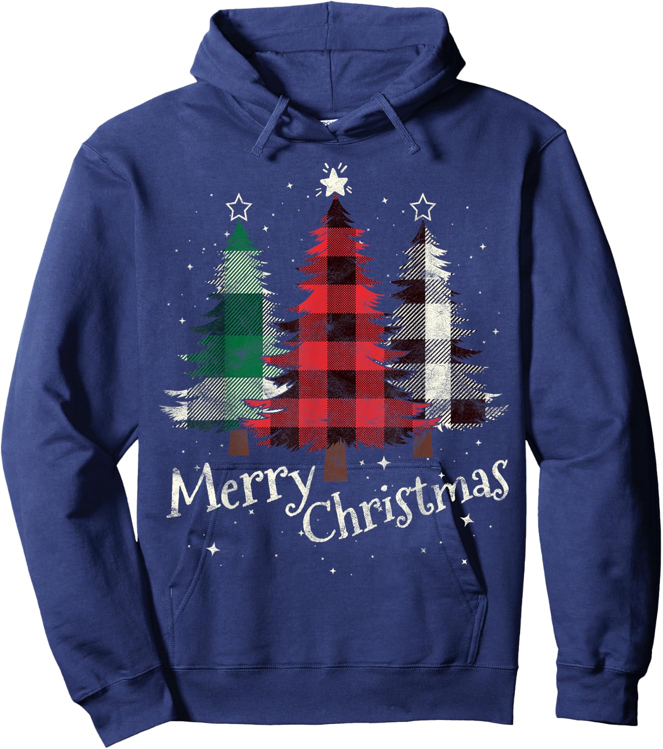 Merry Christmas Three Xmas Trees Buffalo Plaid Woman Gift Hoodie - Hoodie | Navy
