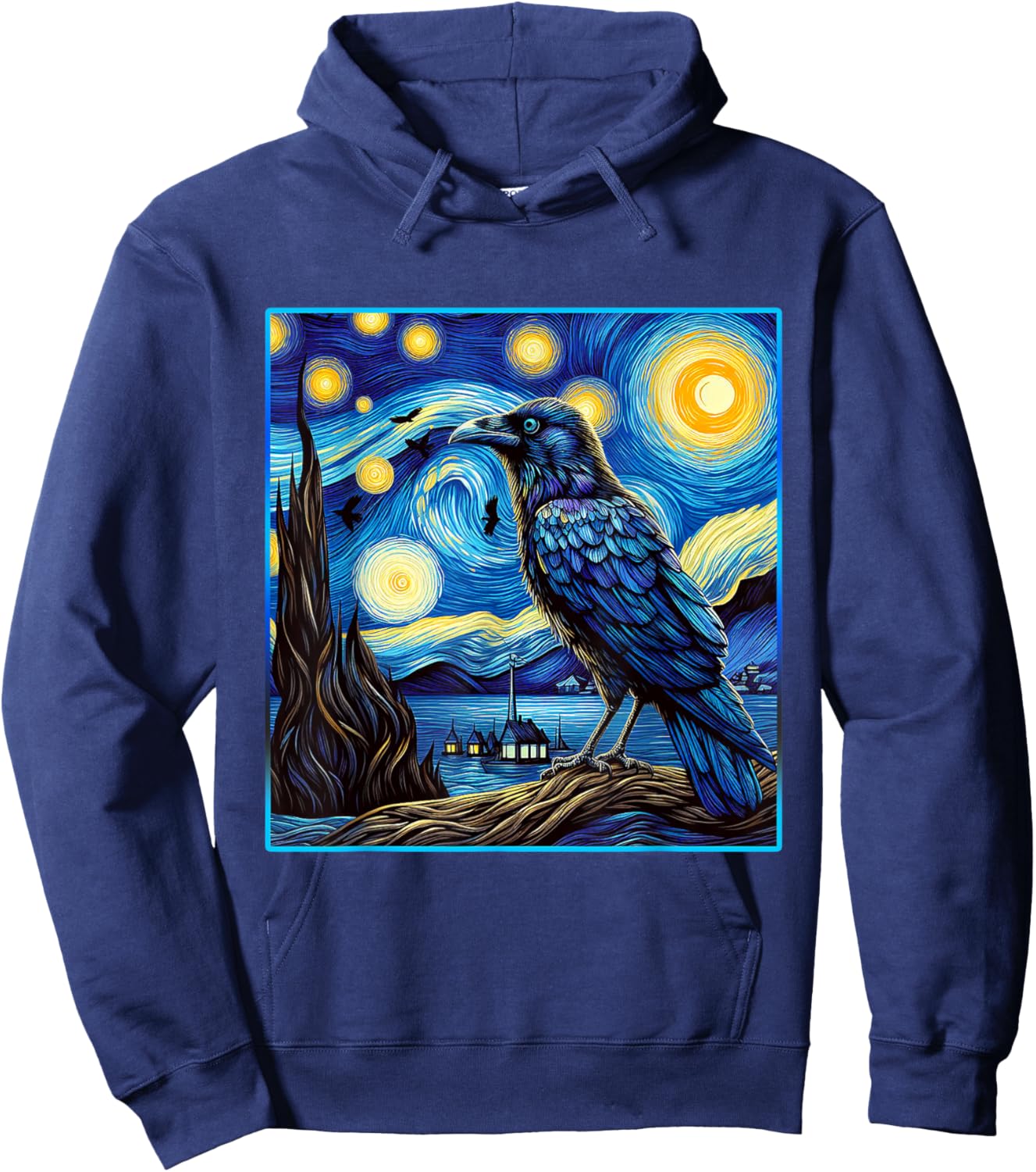 Raven Starry Night Shirt Van Gogh Painting Black Crow Lover Hoodie - Hoodie | Navy