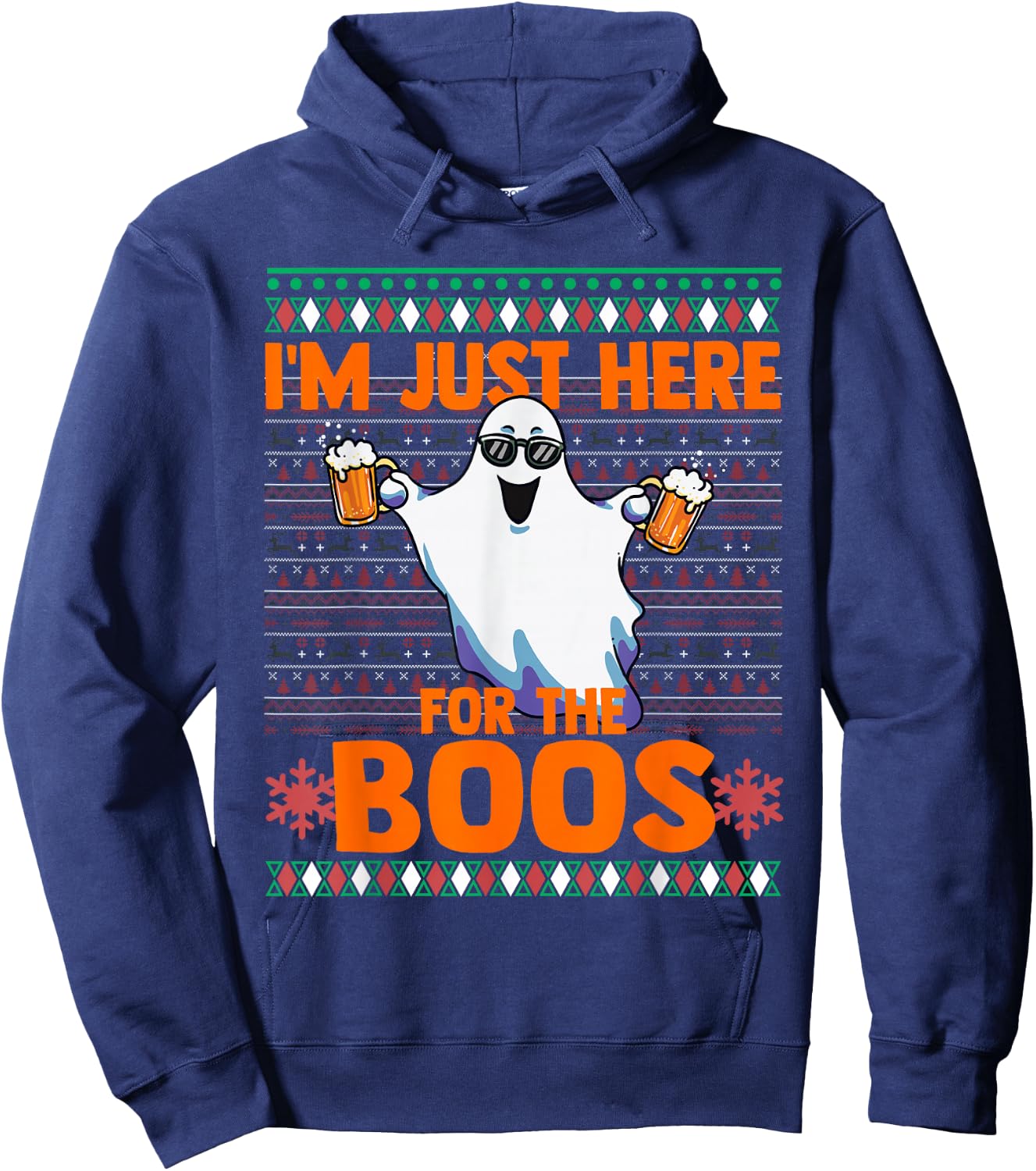 Funny Halloween Ghost Here For The Booze Joke Ugly Sweater Hoodie - Hoodie | Navy
