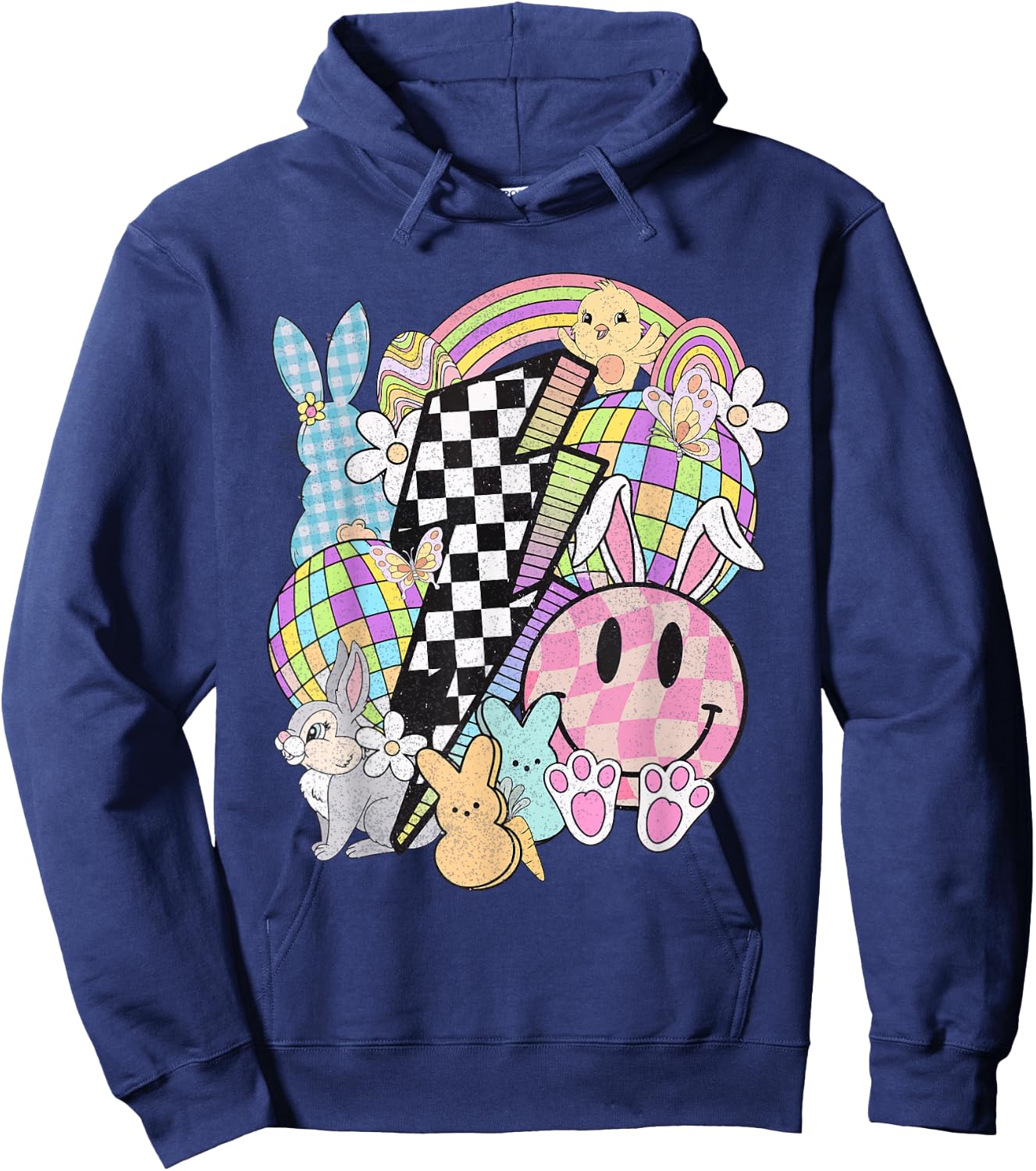 Retro Groovy Happy Easter Bunny Smile Face For Girls Hoodie - Hoodie | Navy