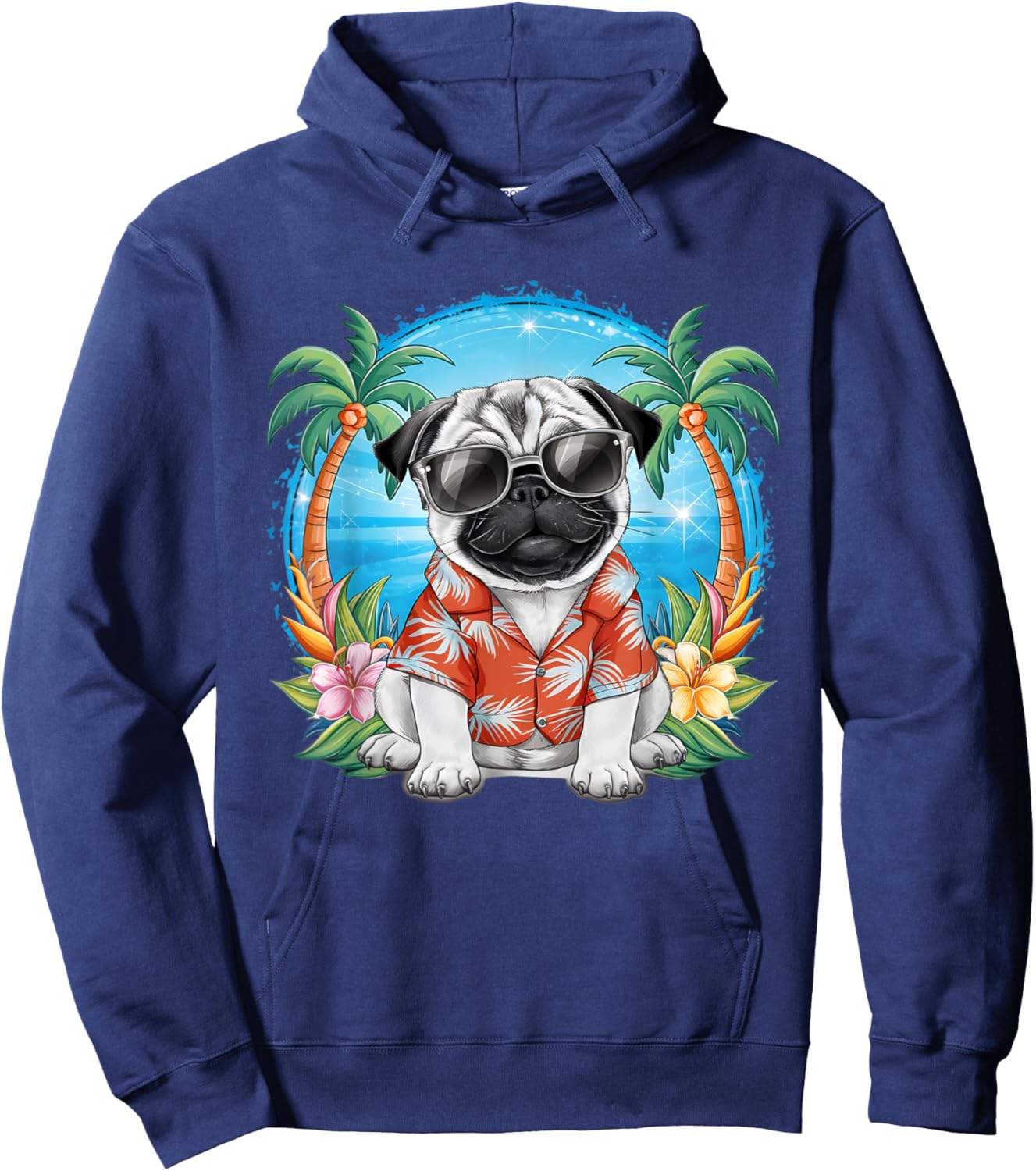 Funny Pug Summer Hawaiian Vibes Tropical Beach Women Hoodie - Hoodie | Navy