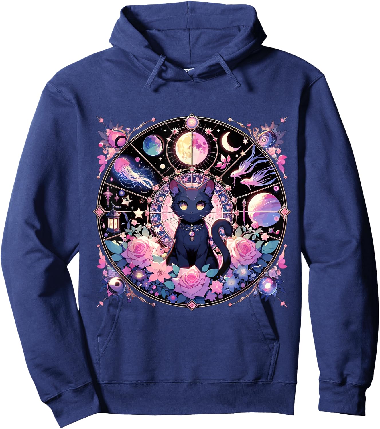 Moon Phases Crystal Witchy Cute Black Cat Kawaii Pastel Goth Hoodie - Hoodie | Navy