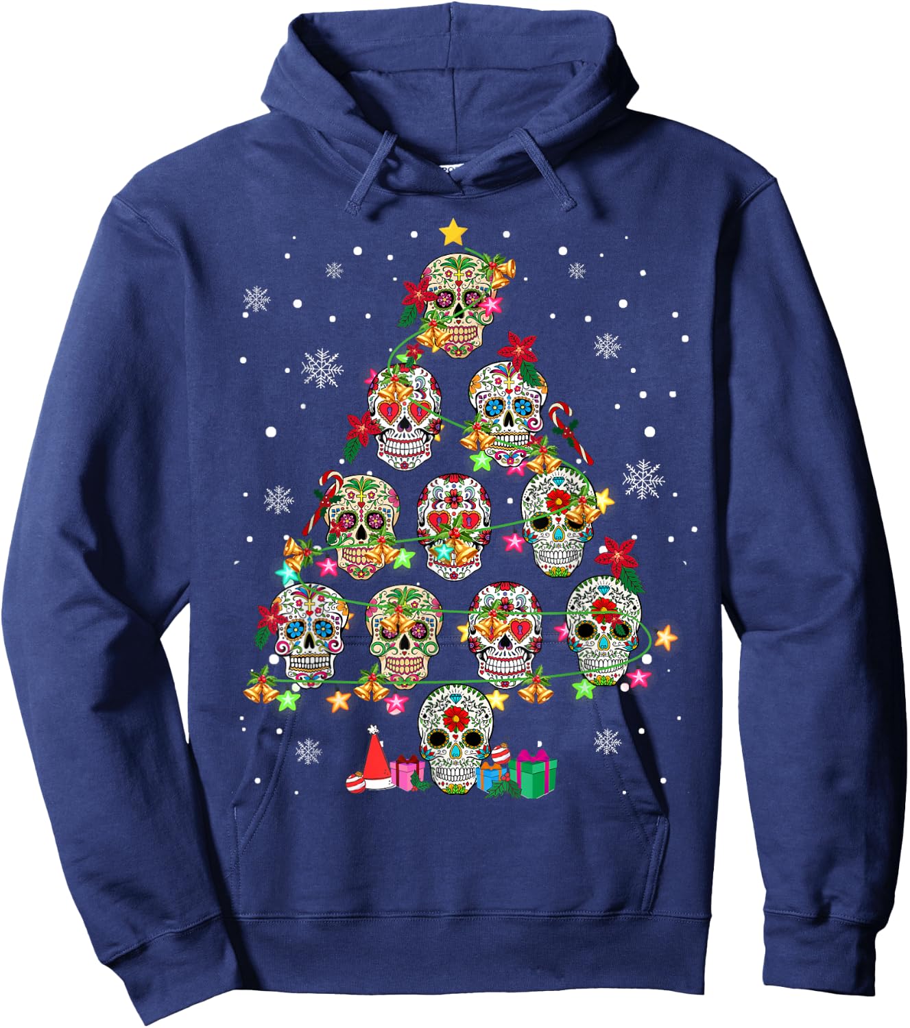 Skull Christmas Tree Funny Mexican Flower Sugar Skull Hoodie - Hoodie | Navy