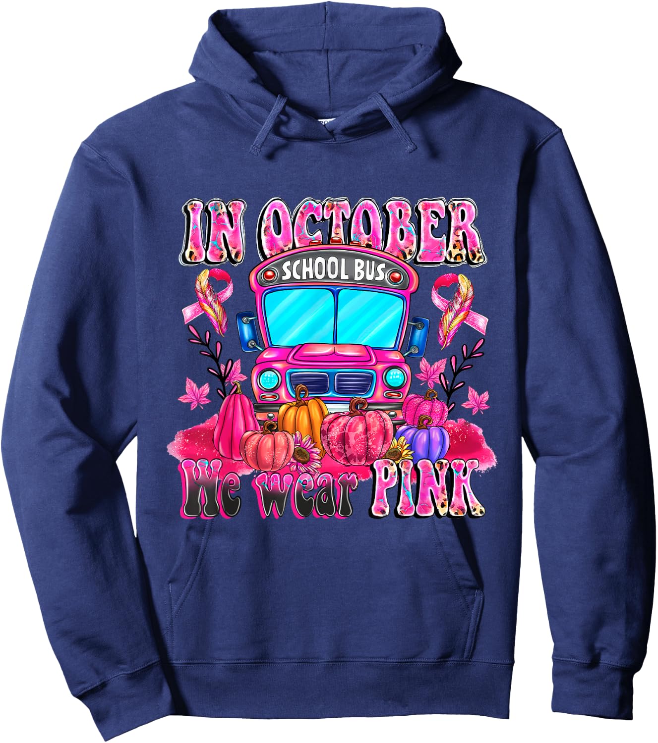 In October We Wear Pink School Bus Halloween Skeleton Outfit Hoodie - Hoodie | Navy