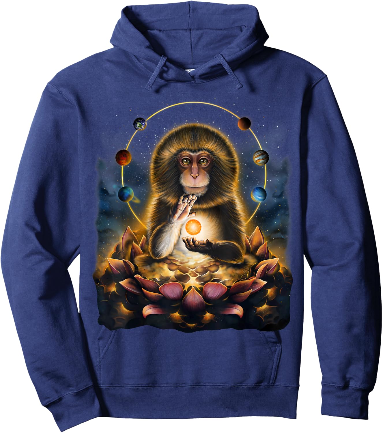 Celestial Monkey Holding Sun Surrounded by Planets and Lotus Hoodie - Hoodie | Navy