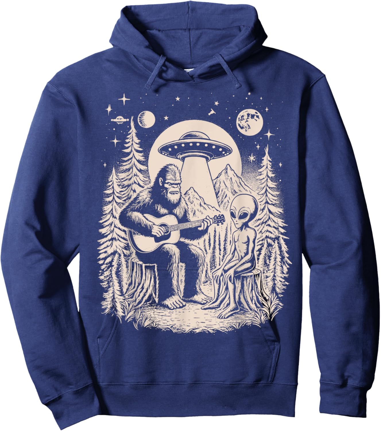 Funny Big Foot Alien Spaceship Big Foot Sasquatch Ape Guitar Hoodie - Hoodie | Navy