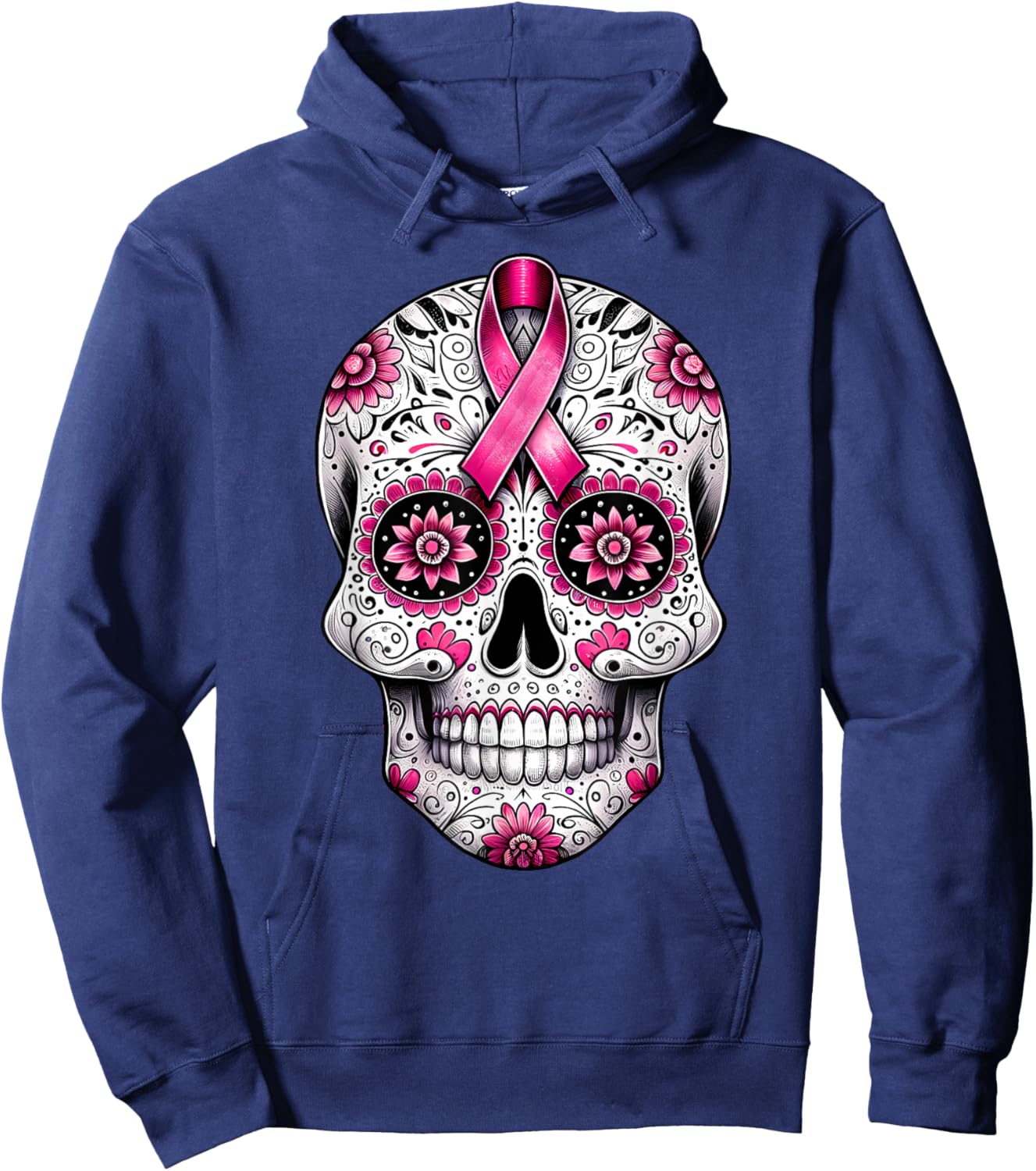Pink Ribbon Sugar Skull Calavera Breast Cancer Awareness Hoodie - Hoodie | Navy