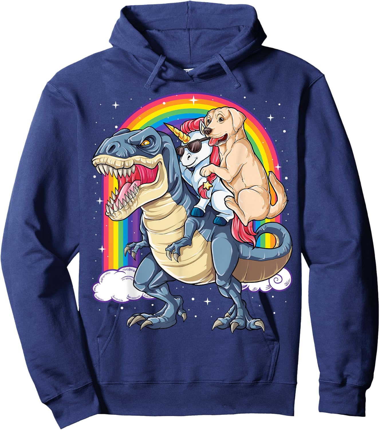 Labrador Unicorn Riding Dinosaur T-rex Girls Kids Rainbow Hoodie - Hoodie | Navy