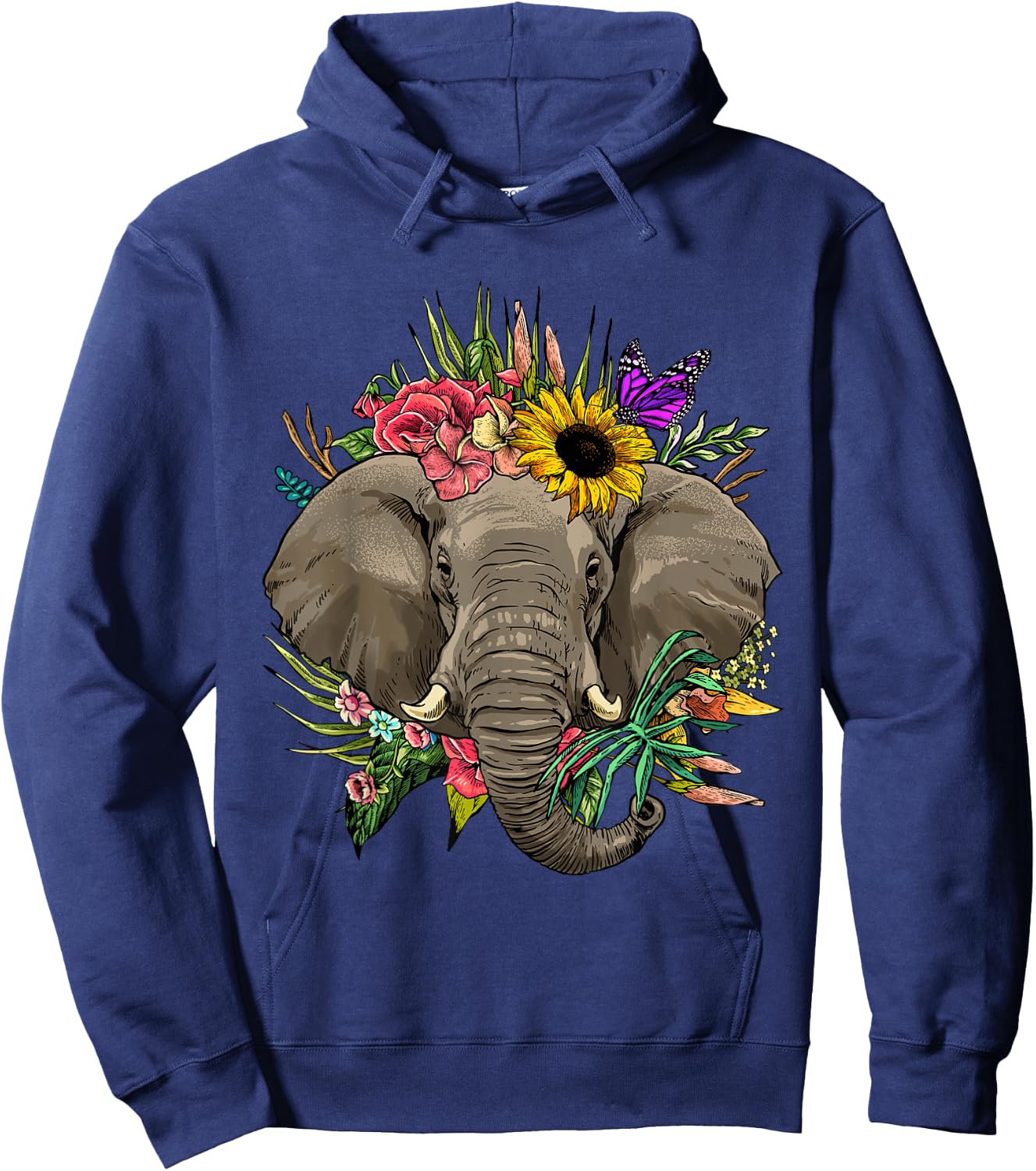 Wowsome! Elephant Floral Animal Face Elephant Lovers -Adults Hoodie - Hoodie | Navy