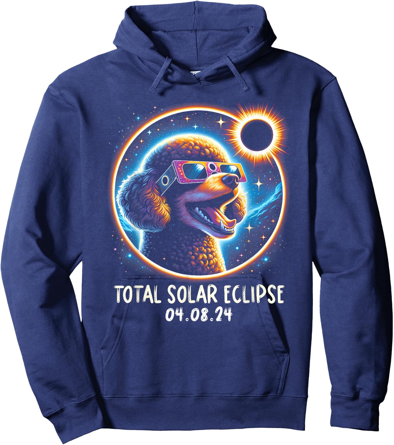 Solar Eclipse Poodle Wearing Glasses Pet April 8 2024 Hoodie - Hoodie | Navy