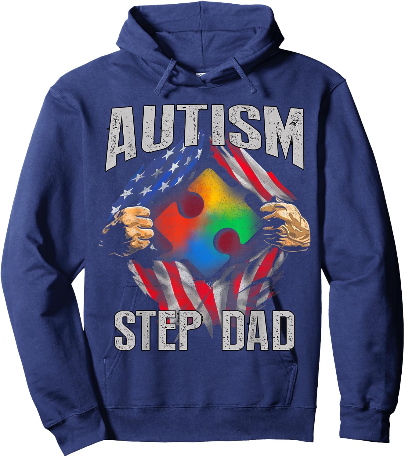 Autism Step Dad American Flag Autism Awareness Hoodie - Hoodie | Navy