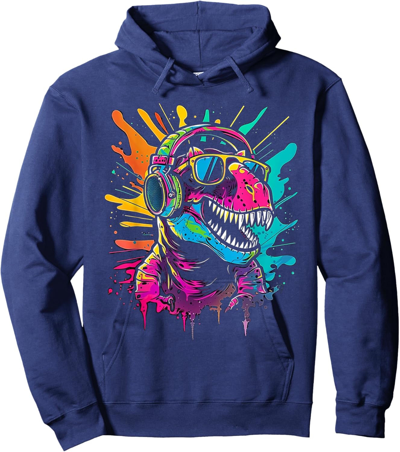 colored dinosaur DJ With Headphones and Sunglasses dino Hoodie - Hoodie | Navy