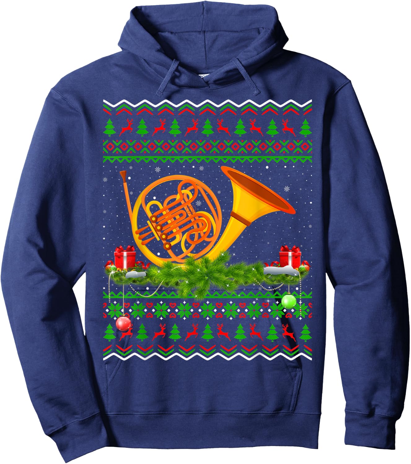 French Horn Music Lover Xmas Gift Ugly French Horn Christmas Hoodie - Hoodie | Navy