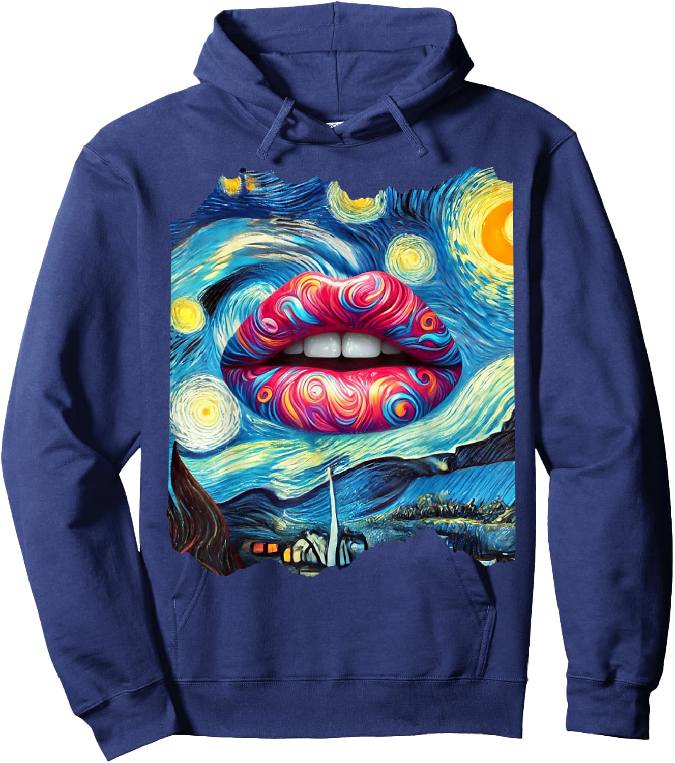 Lips Fashion Van Gogh Art Painting Star Sky Night Lips Hoodie - Hoodie | Navy