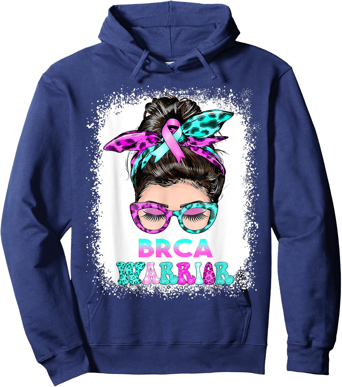 BRCA Warrior, pink-teal Messy Bun Breast Cancer Awareness Hoodie - Hoodie | Navy
