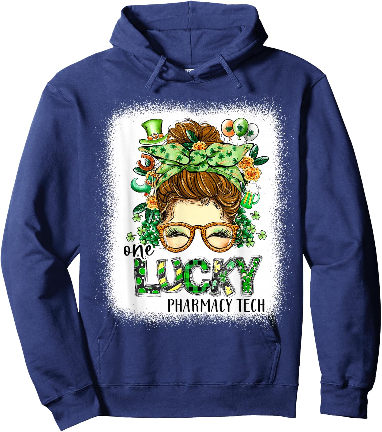 One Lucky Pharmacy Tech Bleached St Patricks Day Women Hoodie - Hoodie | Navy