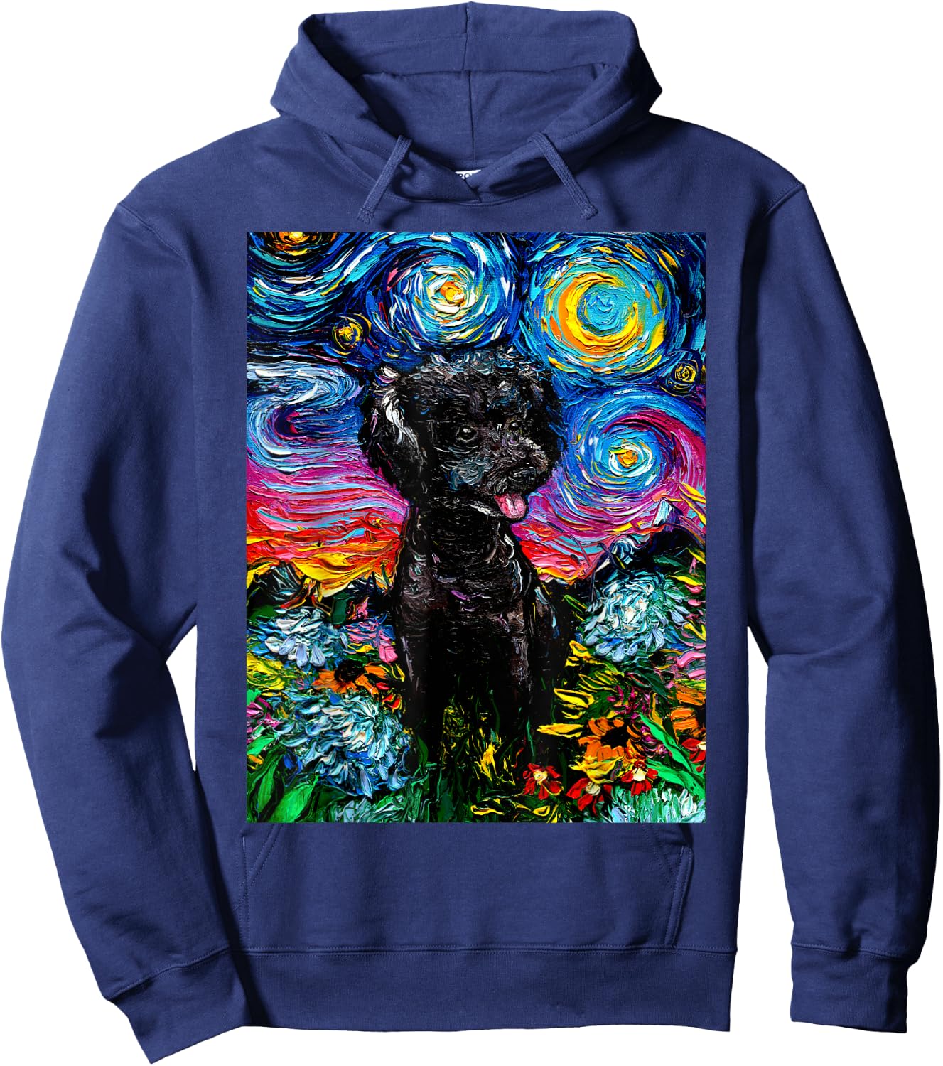 Cute Black Poodle and Flowers Starry Night Dog Art by Aja Women Kids Hoodie - Hoodie | Navy