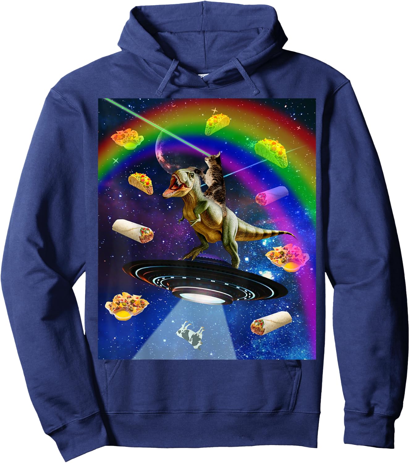 Laser Eyes Outer Space Cat Riding On T-Rex Dinosaur Women Hoodie - Hoodie | Navy