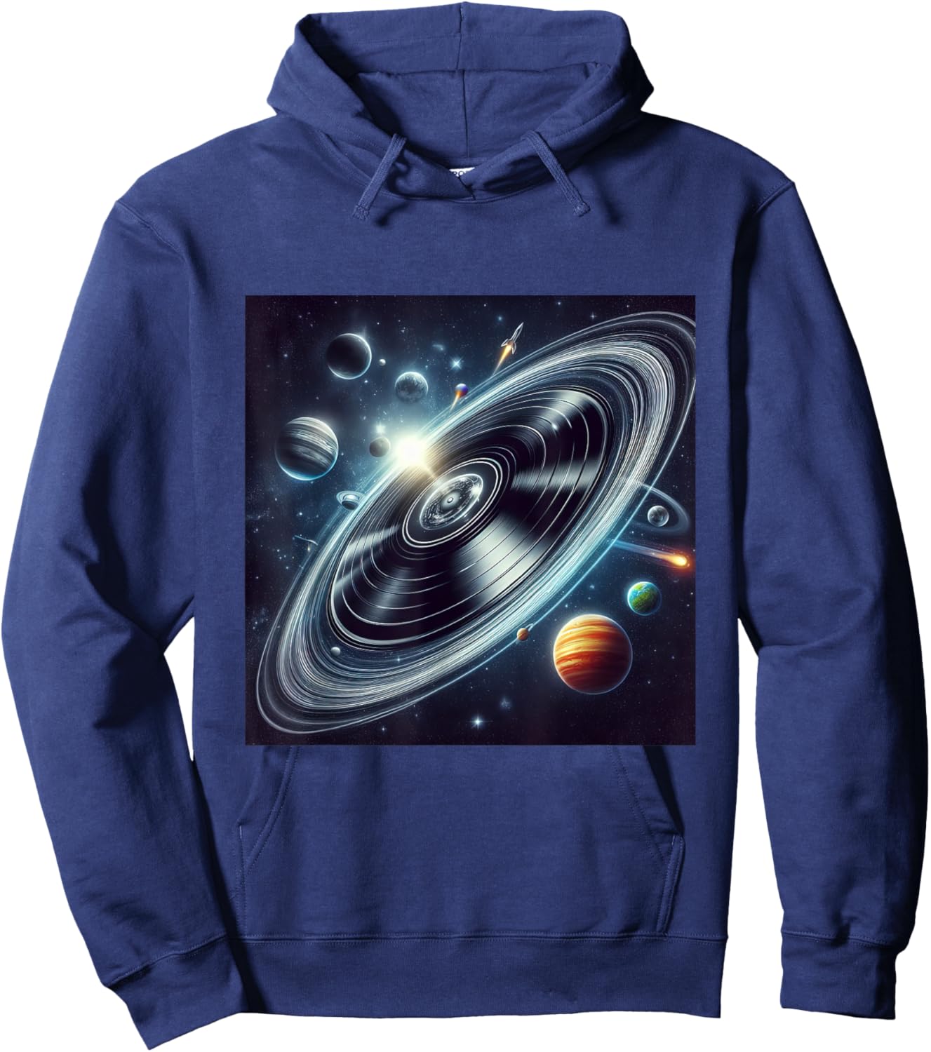 Vinyl Record Orbiting Through Space Cosmic Trails Planets Hoodie - Hoodie | Navy