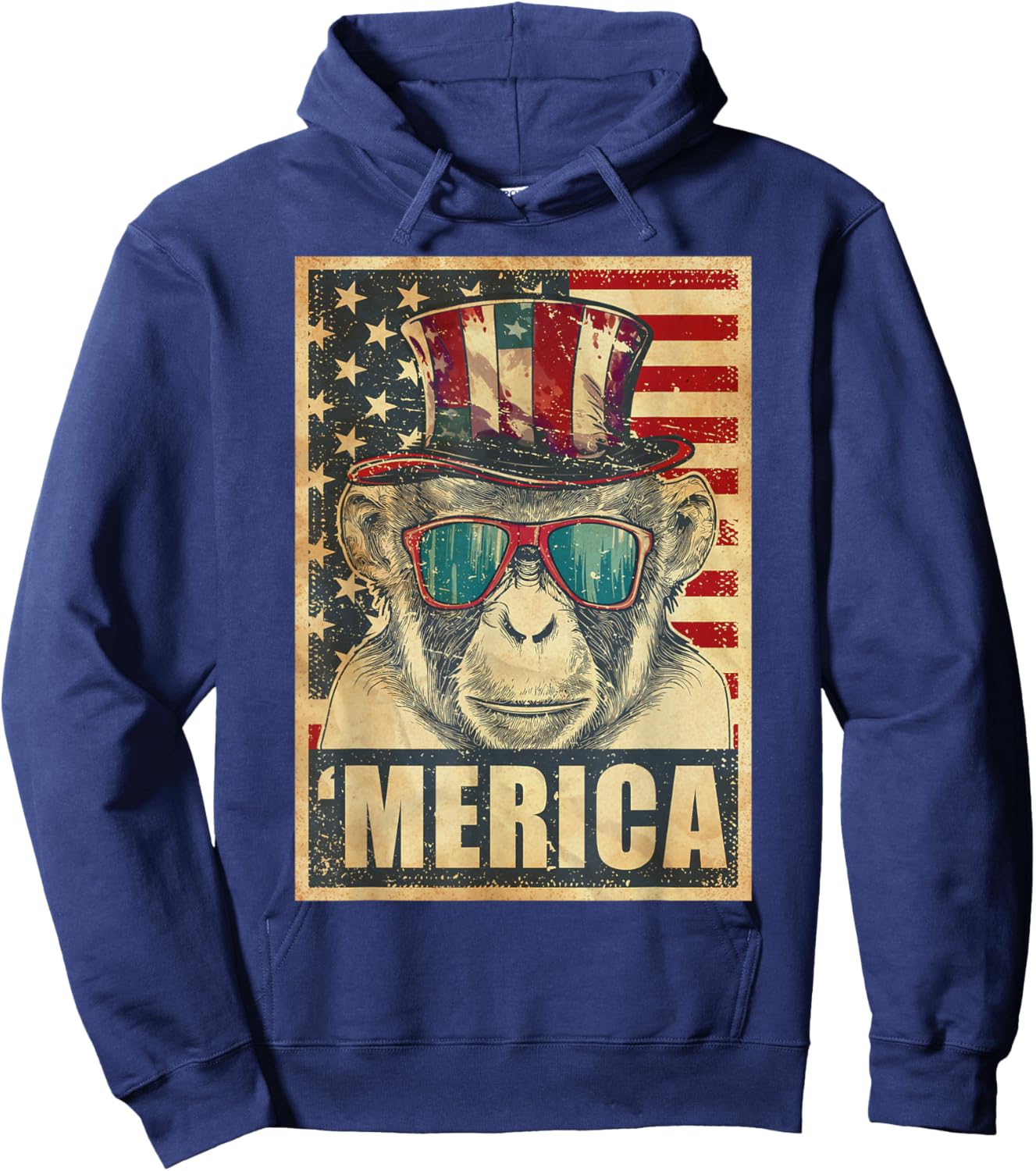 Monkey Merica Vintage American Flag 4th Of July Hoodie - Hoodie | Navy