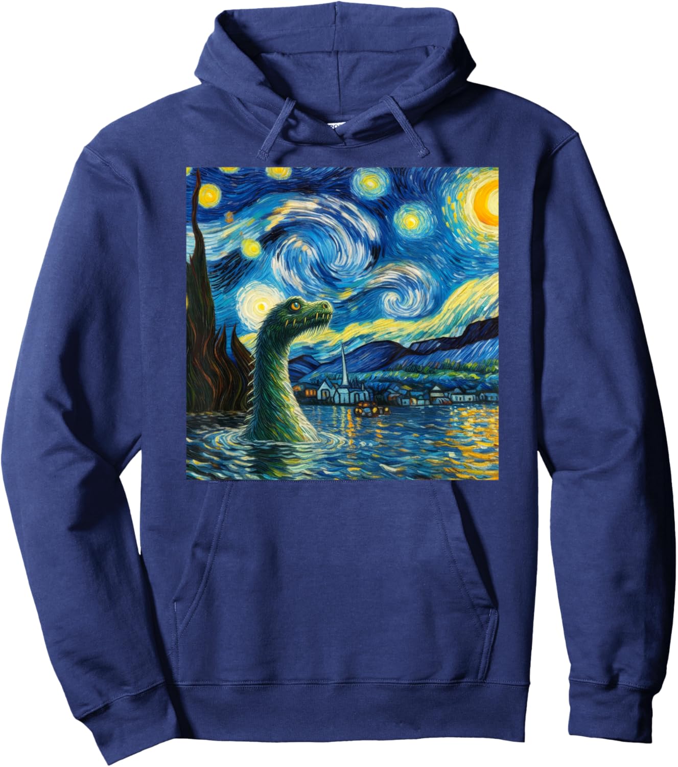 Loch Ness Monster in Starry Night Van Gogh Style Nessie Hoodie - Hoodie | Navy