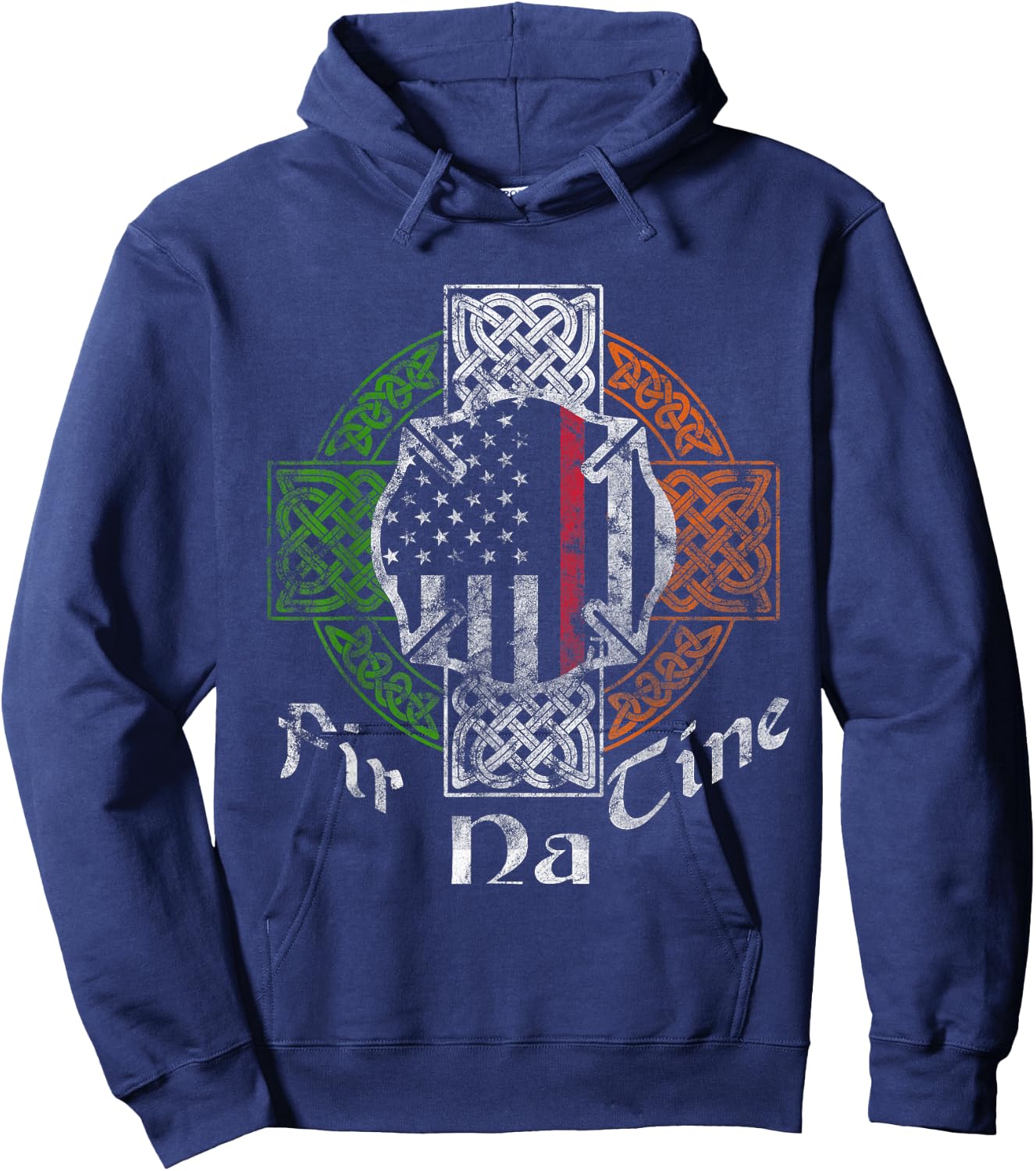 Irish Firefighter Thin Red Line Fir Na Tine Celtic Cross Hoodie - Hoodie | Navy